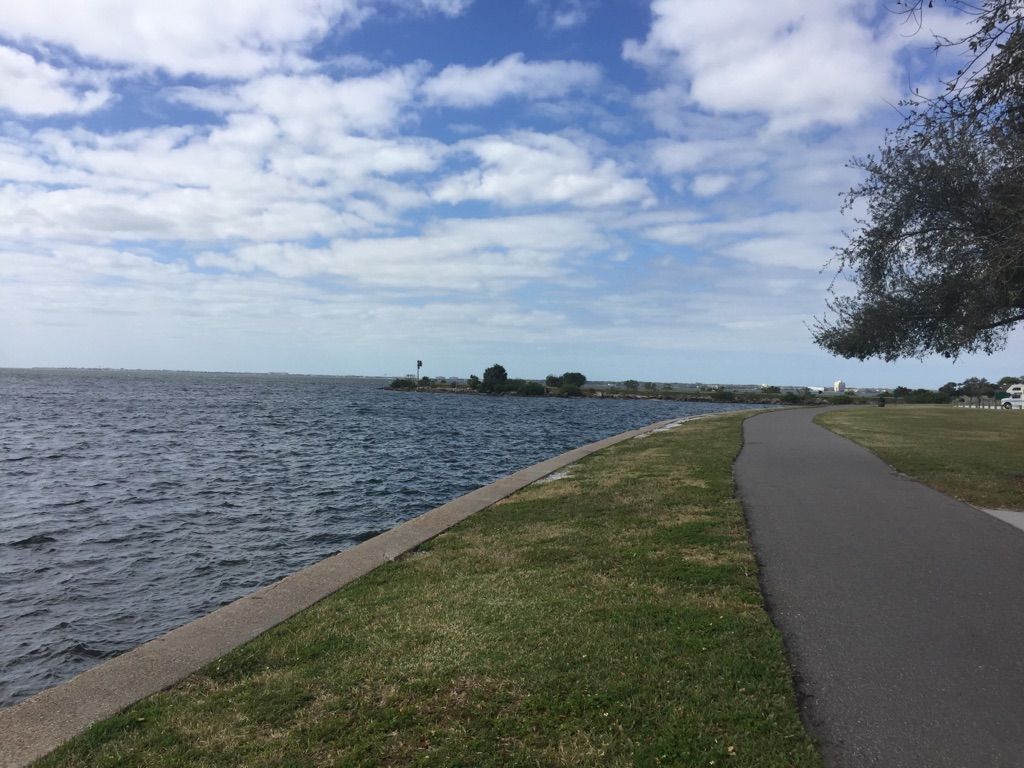Paved path alongside a large body of water under a cloudy sky. - Davis Islands Trail