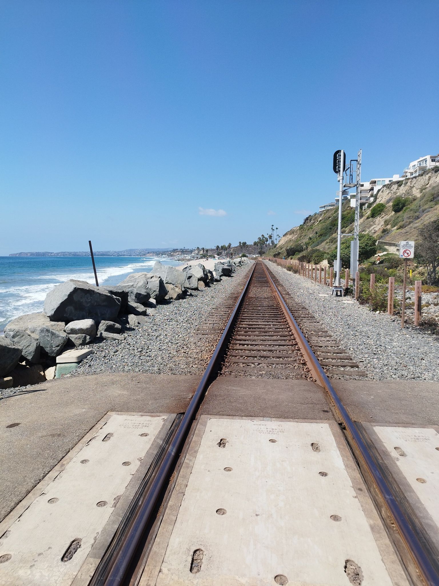 Train tracks run along a rocky coast beside the blue ocean. - San Clemente Beach Trail