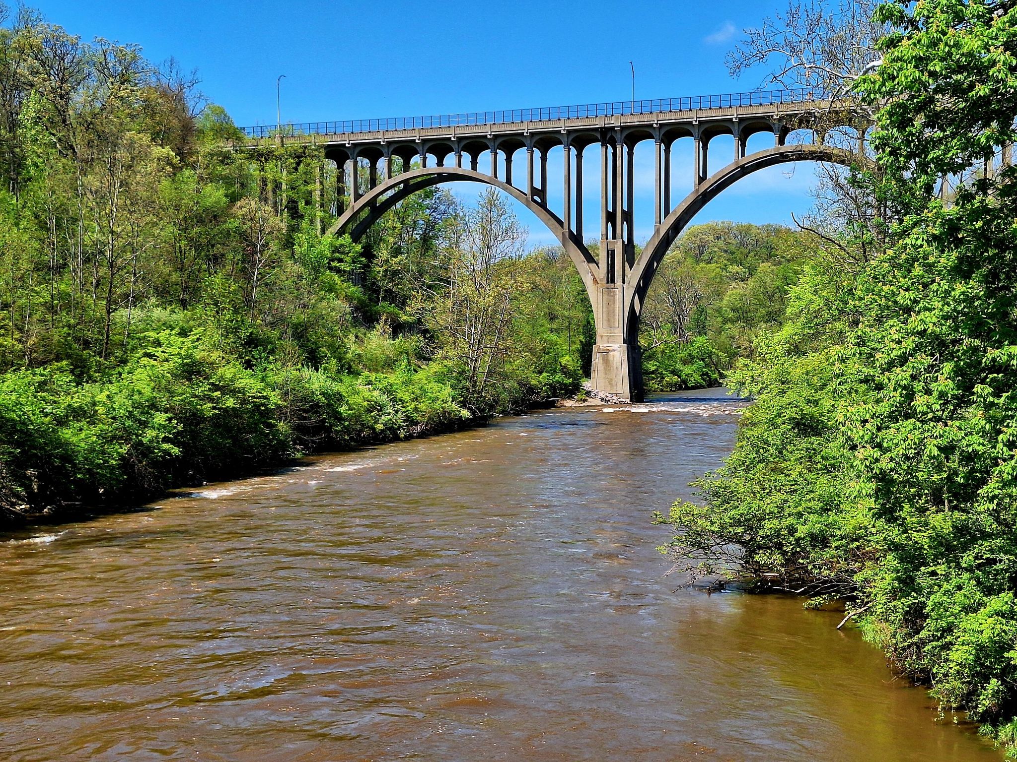 A massive arched bridge crosses a wide river, flanked by vibrant green trees in daylight. - Brecksville-Northfield Bridge – Deer Lick Cave loop from Brecksville