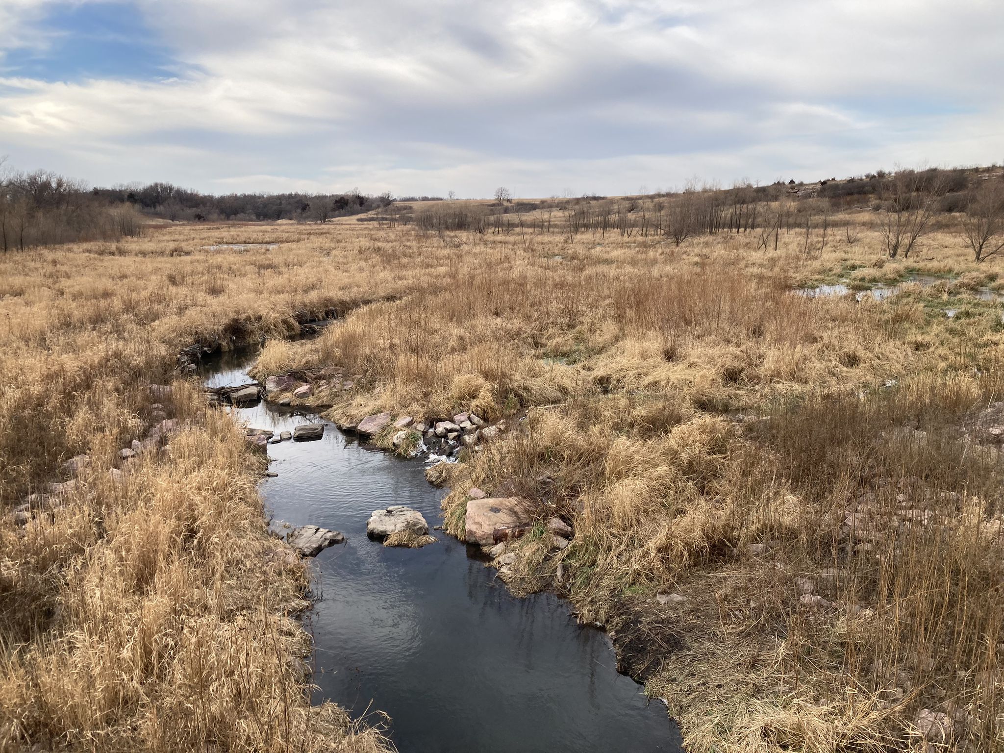 Winding stream through dry, golden grass under an overcast sky. - Buffalo Viewing Platform loop from Blue Mounds State Park