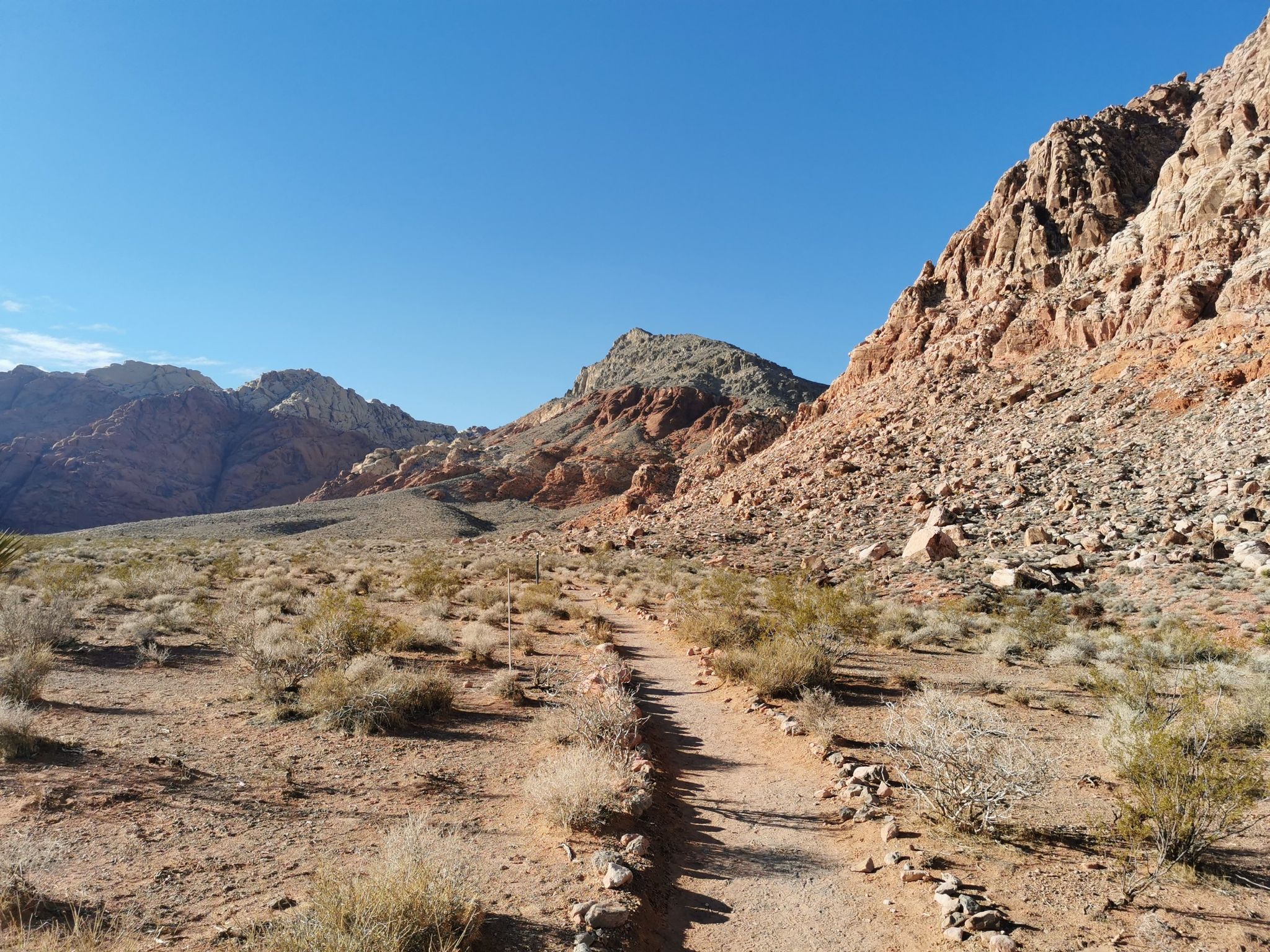 A dirt trail winds through a sunny desert valley with rocky mountains. - Kraft Mountain Loop Trail