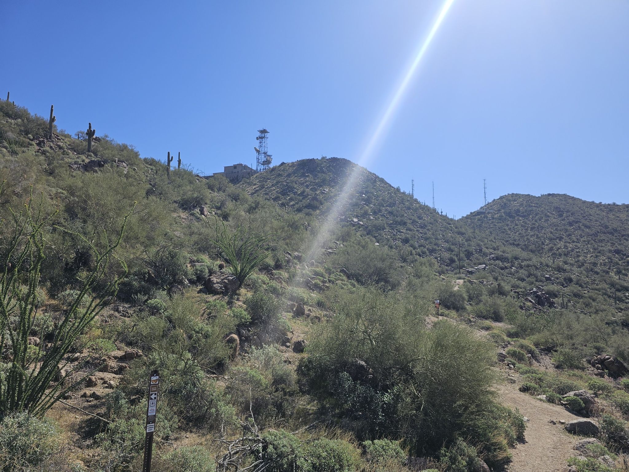Steep desert hills covered in scrub, with communication towers under a bright sun. - Cactus Garden Trail – Fence Line Trail loop from Power Road Park and Ride