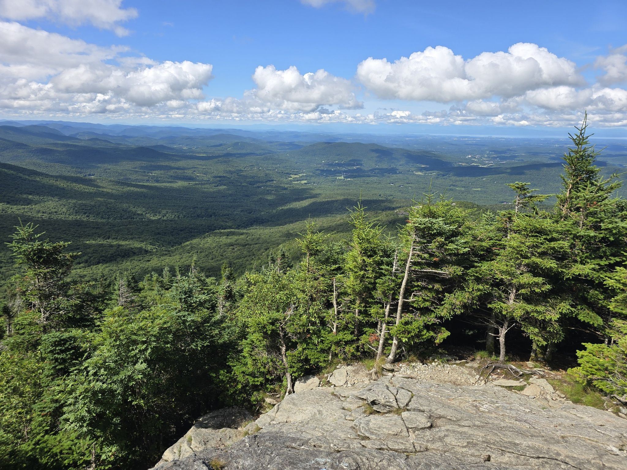 Sunny mountain vista overlooking a vast green forest valley with distant peaks. - Sunset Ridge Trail