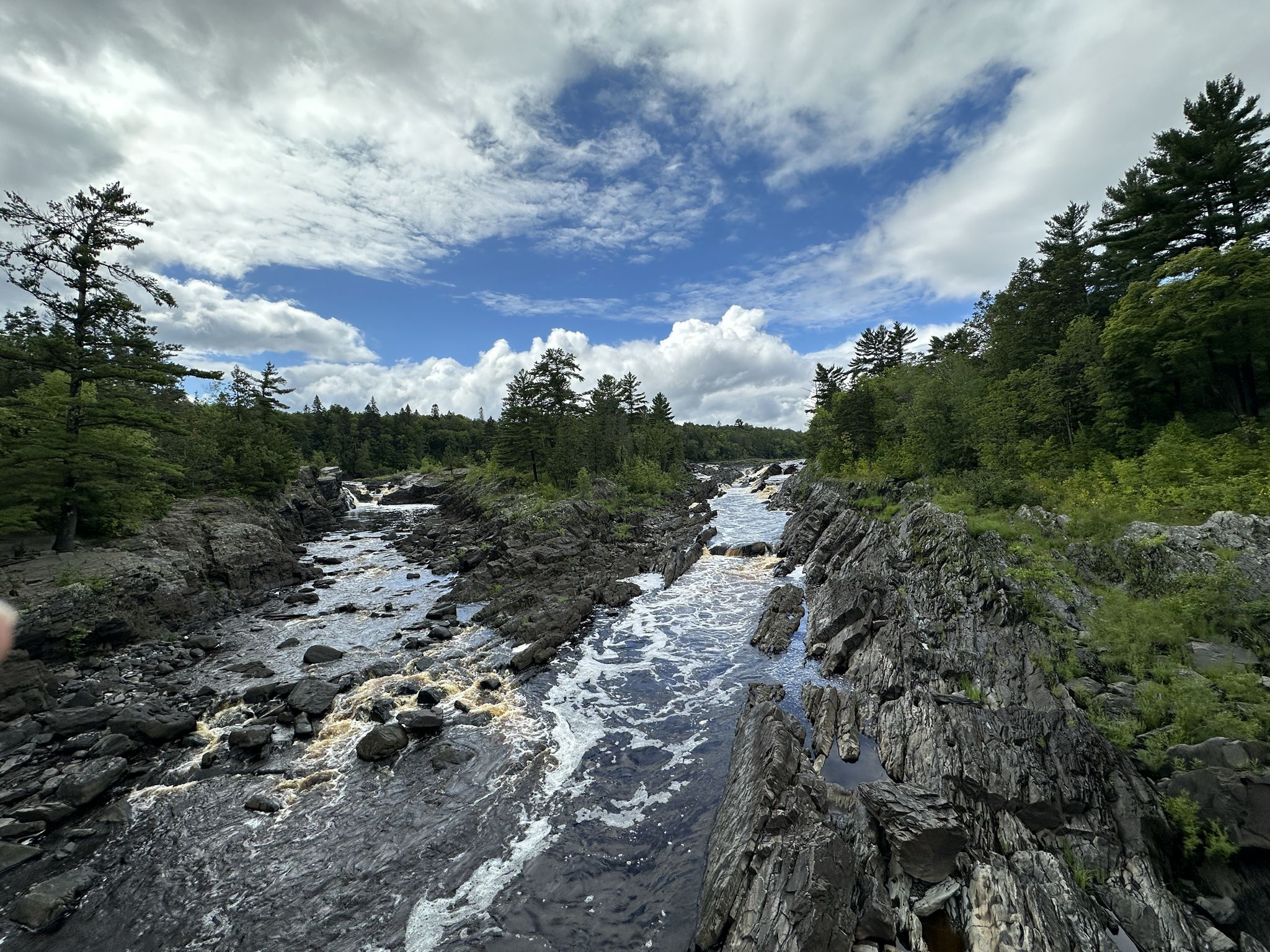 Rocky river with rapids flowing through a forested gorge under a bright blue sky. - Silver Creek Trail