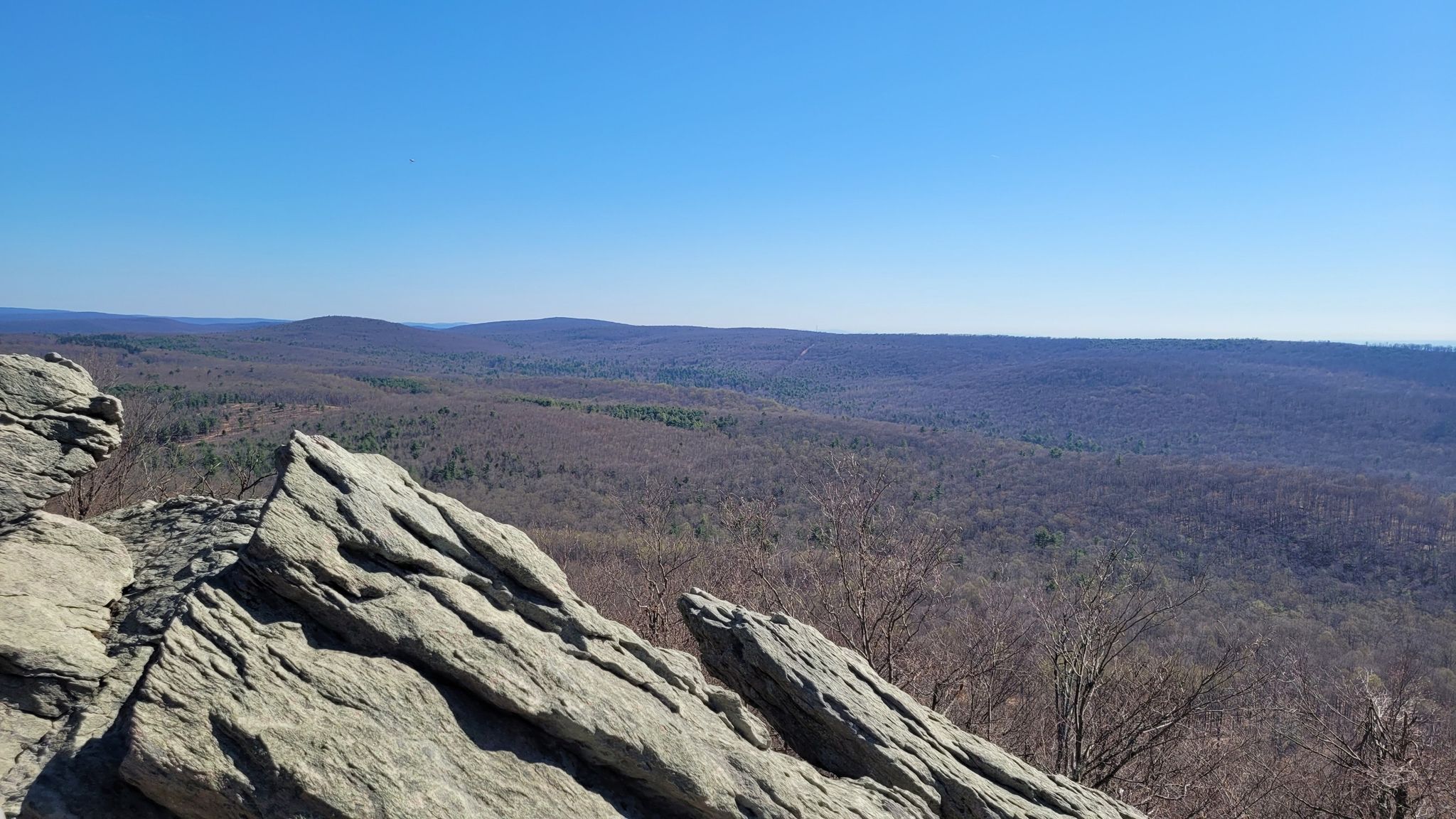 Jagged rocks overlooking a vast, bare forested mountain range under clear sky. - Tuscalachian Loop