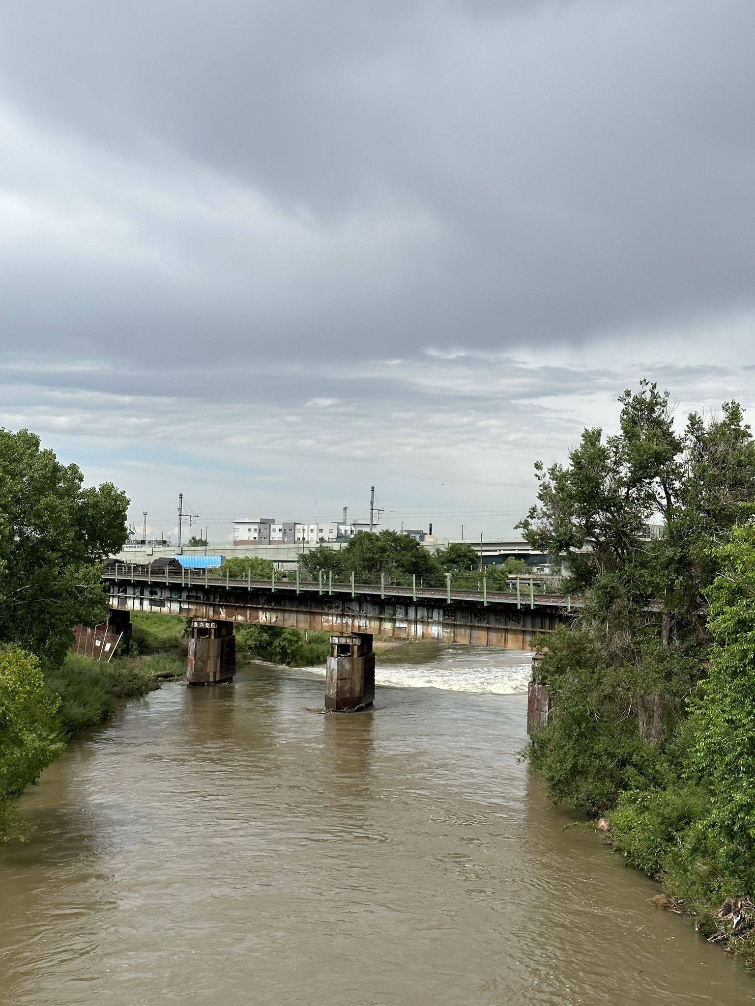 Overcast view of a murky river flowing under a concrete bridge. - City of Cuernavaca Park loop from 38th & Blake