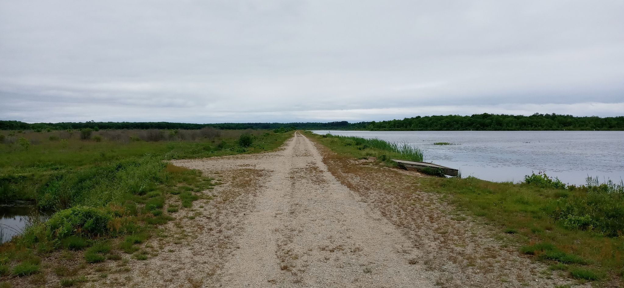 A dirt road extends between a calm lake and green marsh under an overcast sky. - Upper Reservoir loop from Burrage Pond Wildlife Management Area