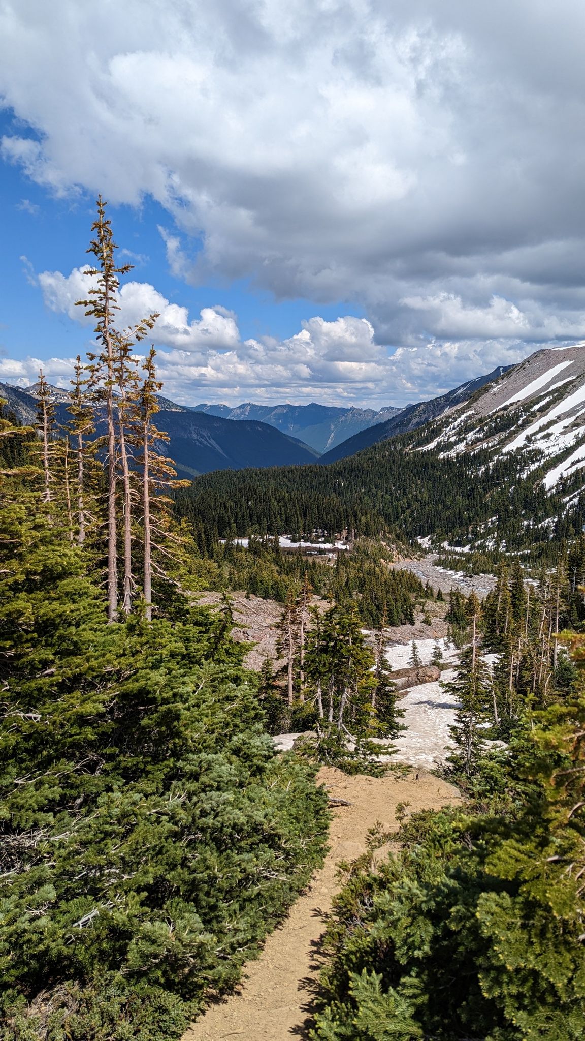 Dirt path winding through a green mountain valley with snow patches. - Steamboat Prow via Glacier Basin Trail