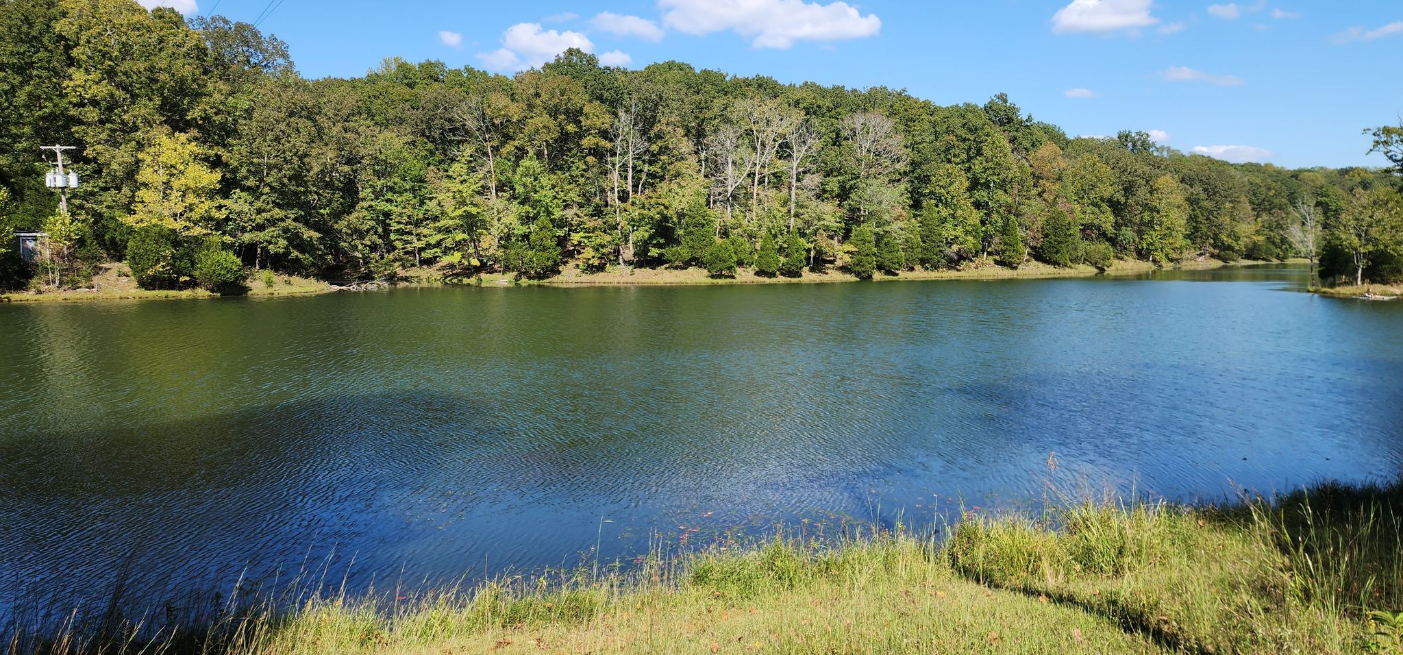 A wide lake with green trees lining the distant shore under a blue sky. - Lake Woodhaven – Wildcat Hallow Creek loop from John Duke Lake Dam