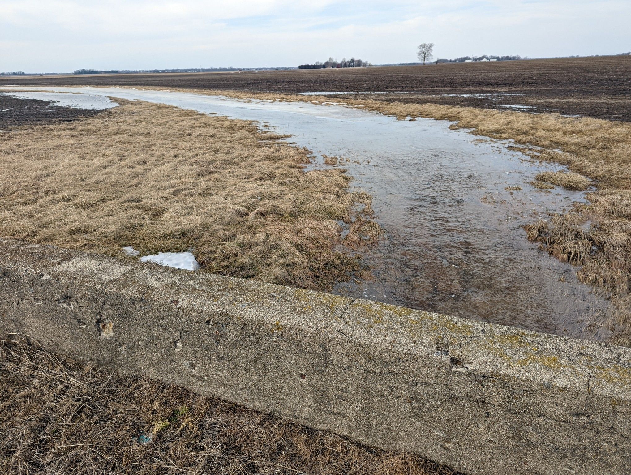 Flooded field with brown grass and a concrete barrier under a cloudy sky. - Urbana to Homer Lake loop