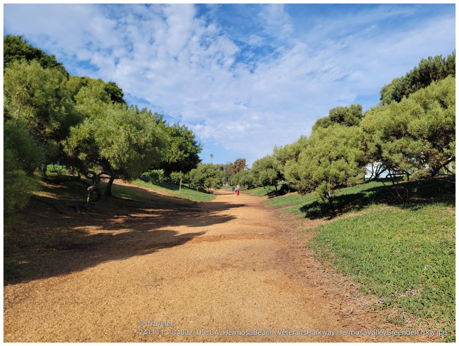 Wide dirt path through lush green trees under a partly cloudy sky, person walking. - Veteran's Parkway