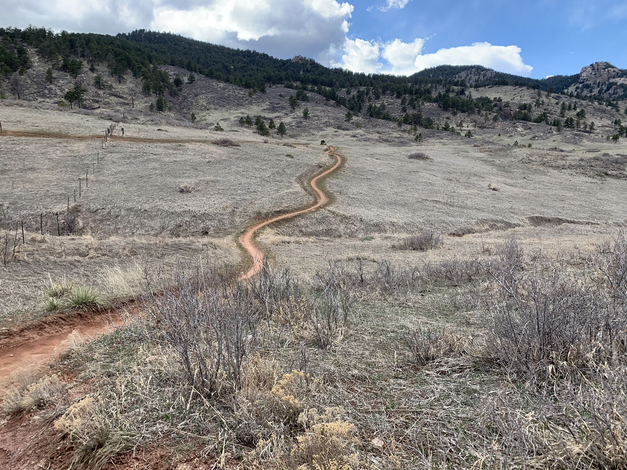 Winding dirt trail ascends a dry, grassy hillside under a cloudy sky. - East Valley Trail & South Valley Trail loop