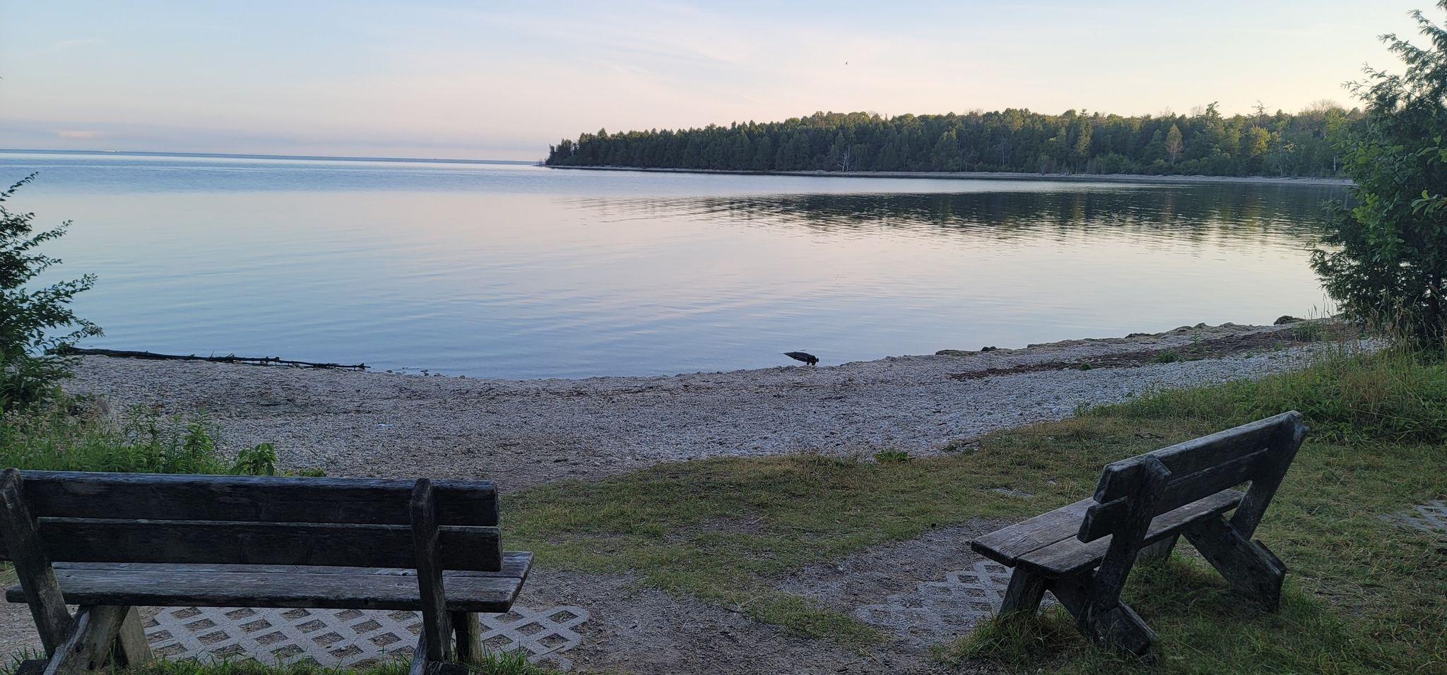 Two wooden benches facing a calm lake and distant forested land. - Fish Creek Running Trail loop from Fish Creek