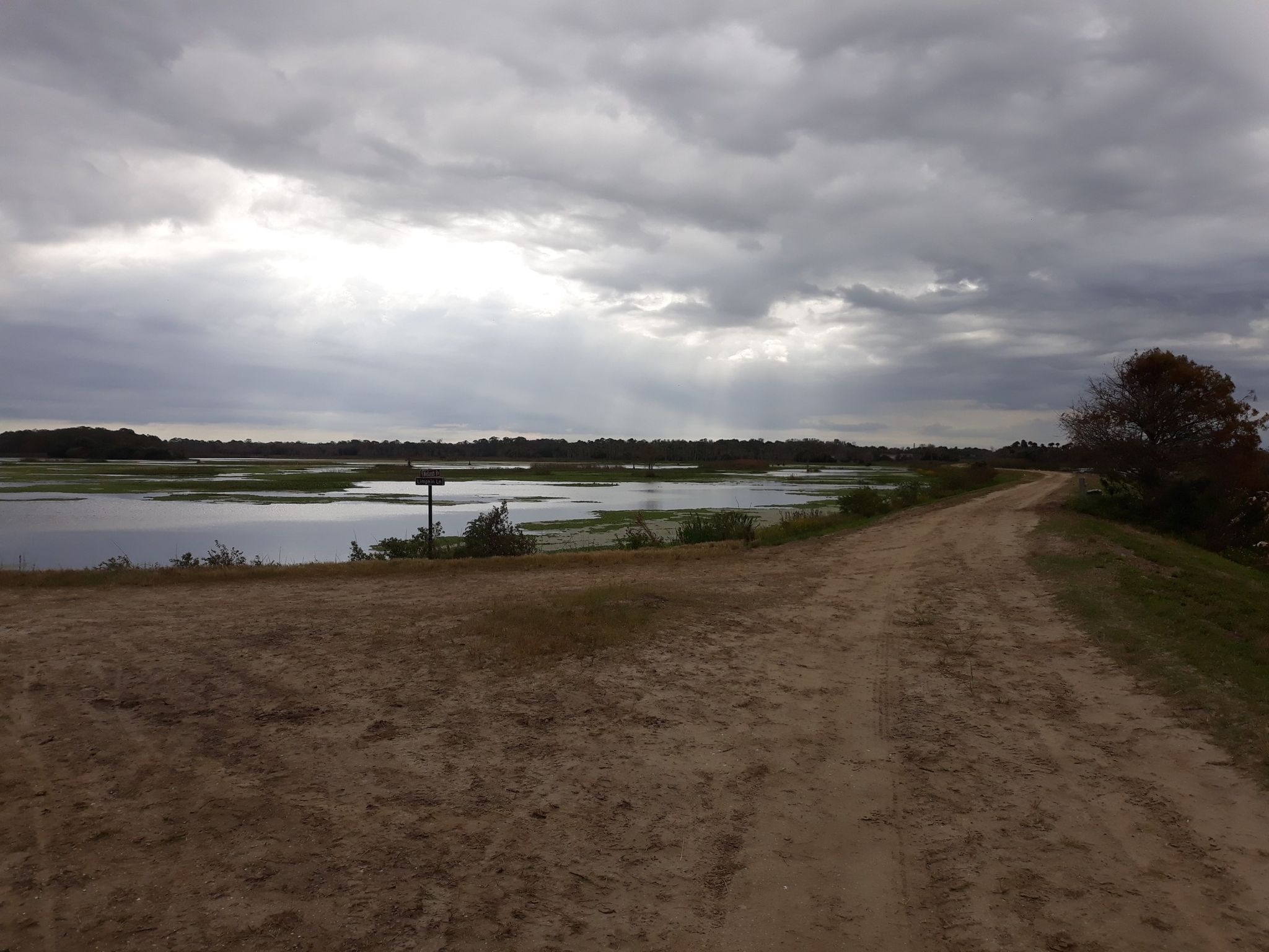 Dirt road next to a large lake under a dramatic cloudy sky with sun rays. - Orlando Wetlands Loop Trail