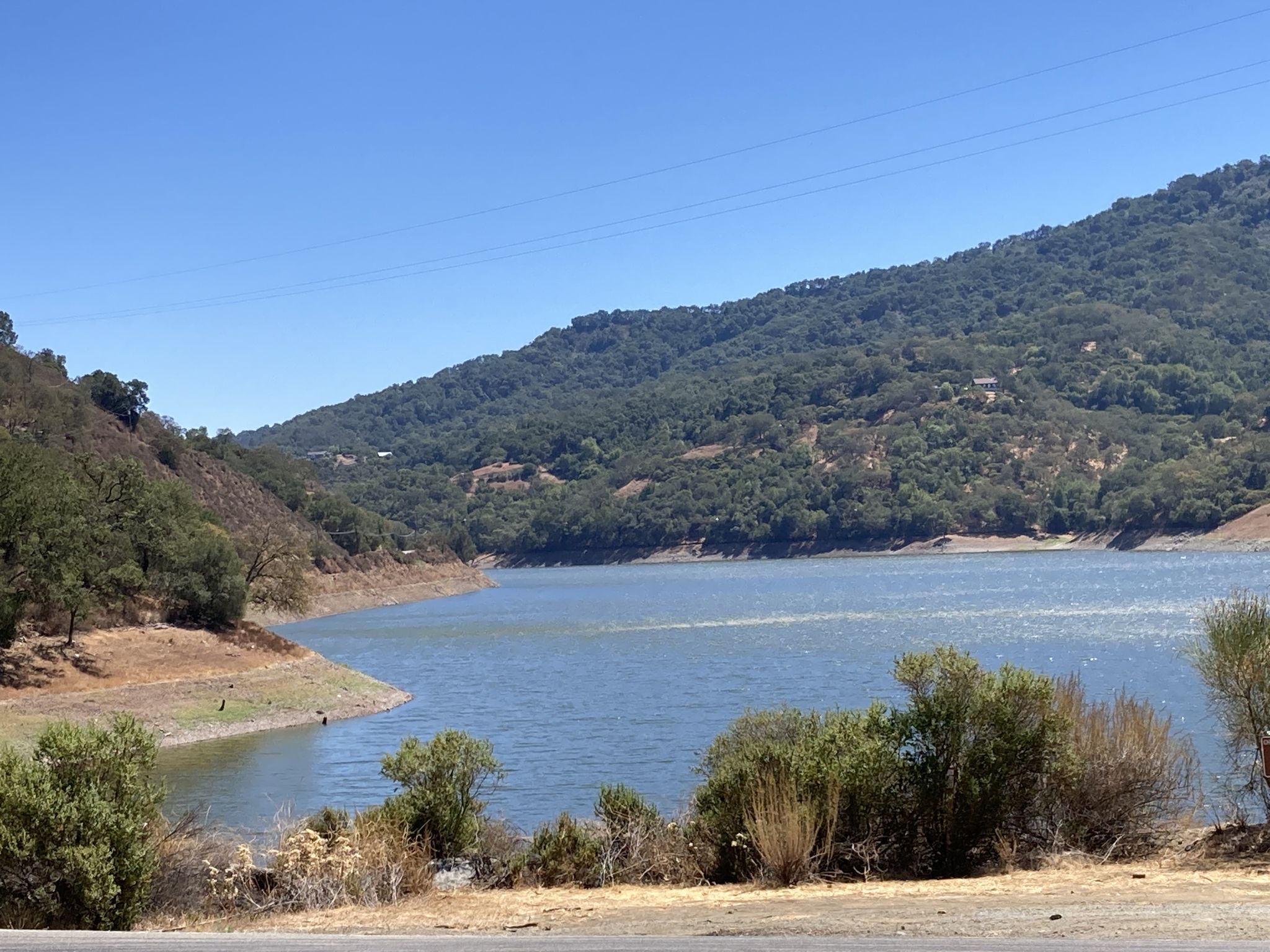 Bright daylight illuminates a large lake surrounded by green, tree-covered hills. - Chesbro Reservoir County Park – View of Chesbro Reservoir loop from Gilroy