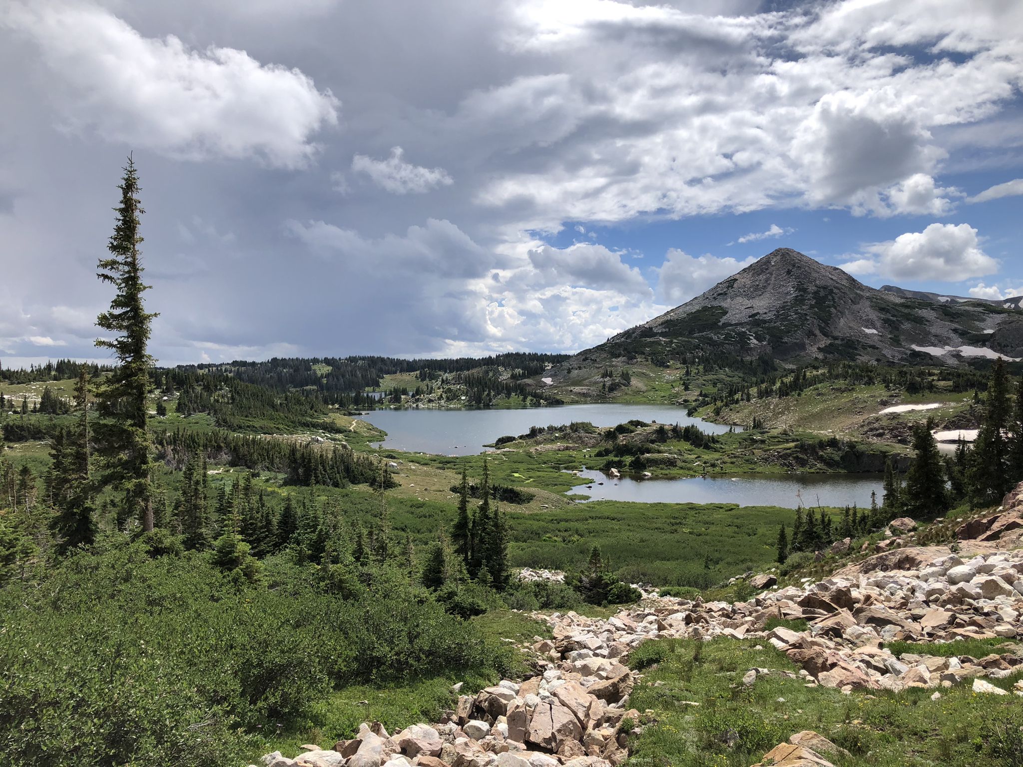 Mountain lake in a green valley with a distant peak, cloudy sky. - Lost Lake – South Gap Lake loop from Sheep Lake