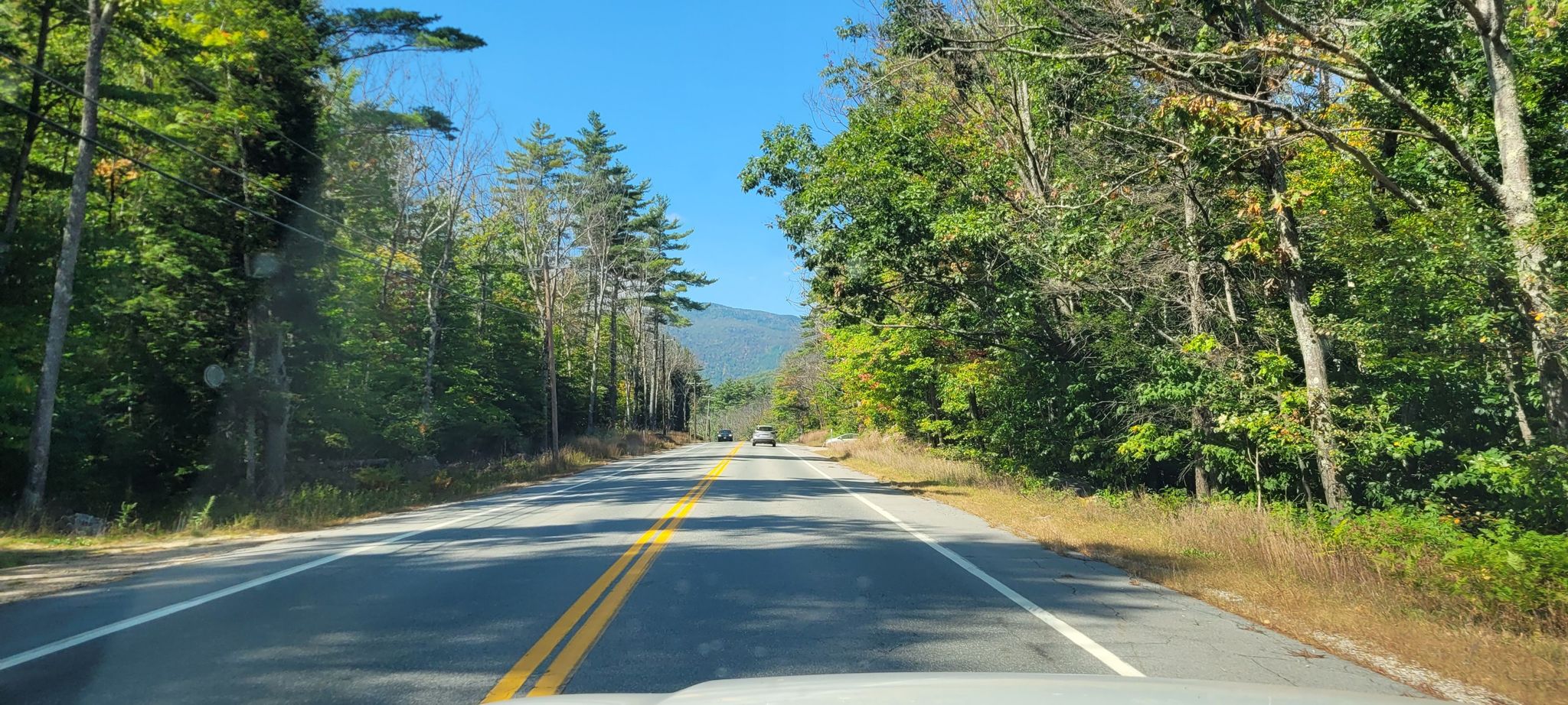 Sunny road through dense forest with distant mountains under a blue sky. - Bartlett Village Gazebo Park – Crawford Notch Street loop from Bartlett