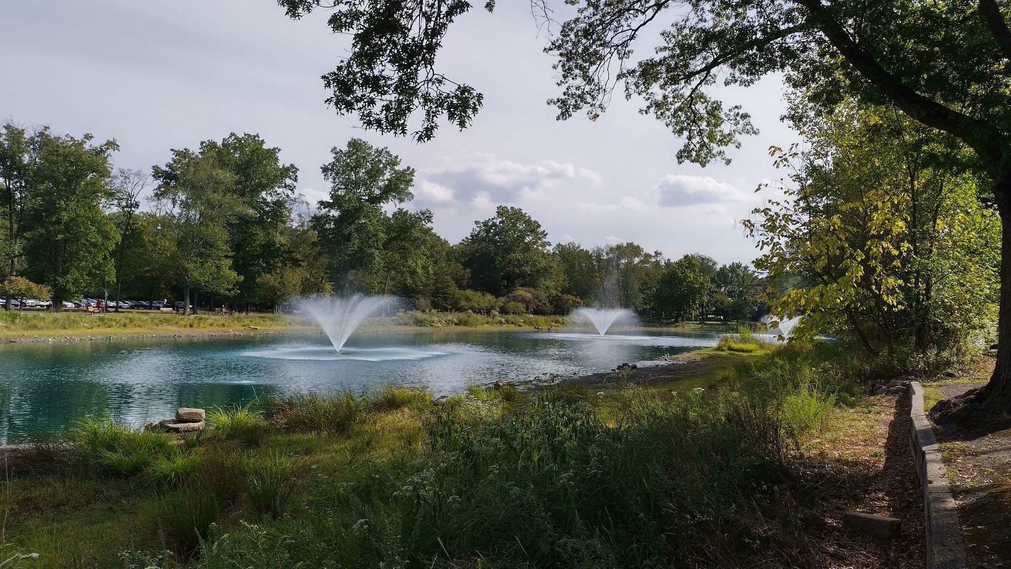 A lake with two fountains, surrounded by green trees under a cloudy sky. - Oradell Reservoir Loop