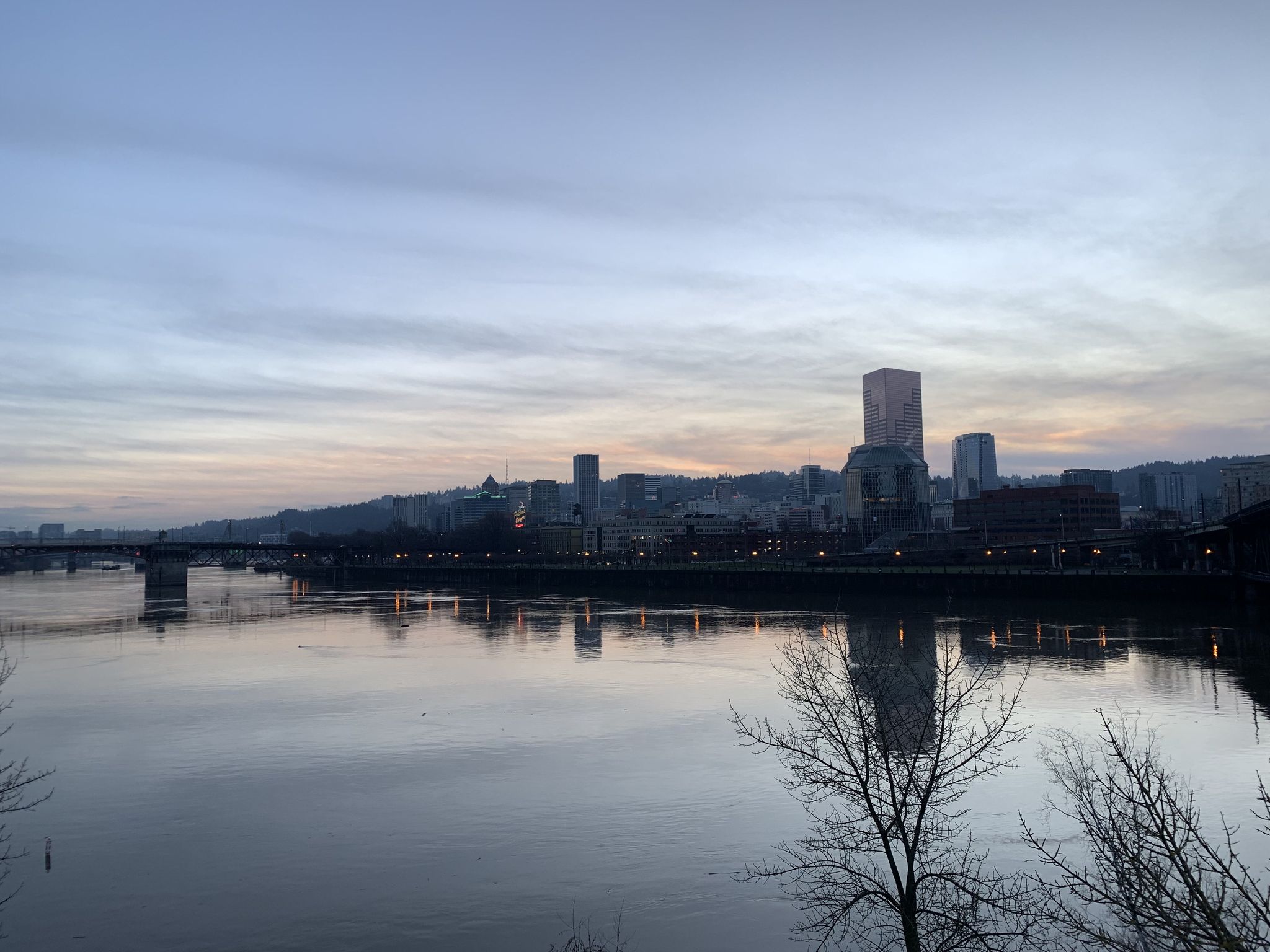 City skyline reflected in a river at dusk under a soft, cloudy sky. - Broadway Bridge – Eastbank Esplanade loop from Hollywood/Northeast 42nd Avenue