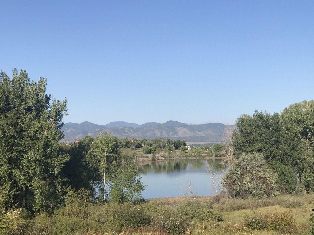 Serene lake surrounded by green trees, with distant mountains under a clear blue sky. - Mineral Avenue Trail loop from Long's Ridge/Mount Rosa Court Parking Structure