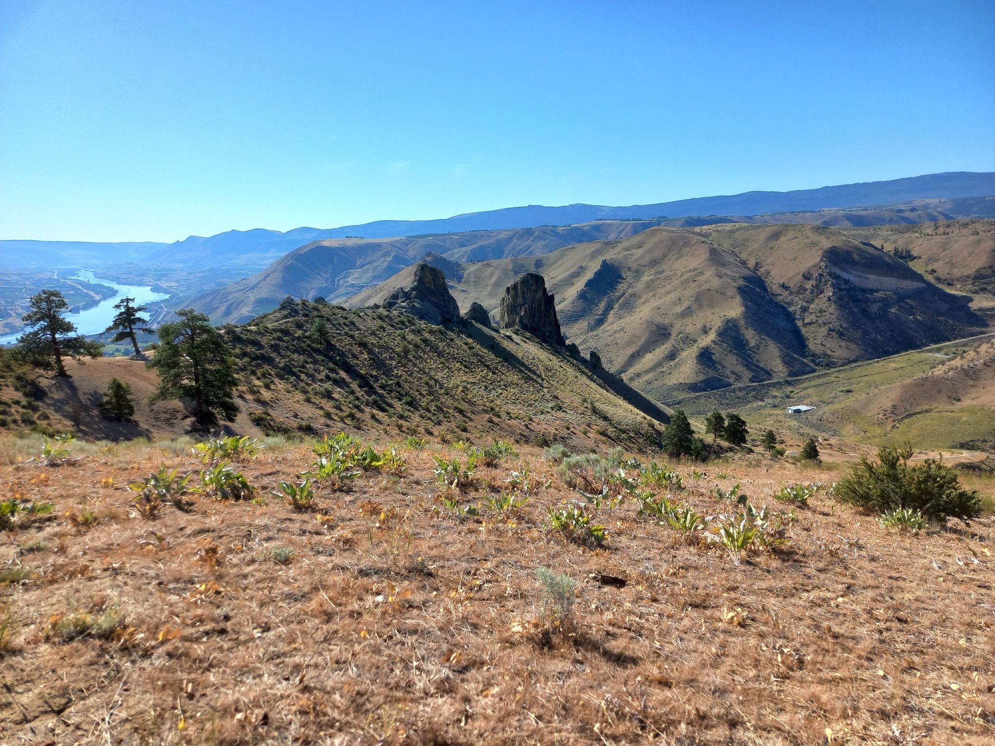 A wide river winds through dry, rolling hills under a clear blue sky. - Saddle Rock Loop