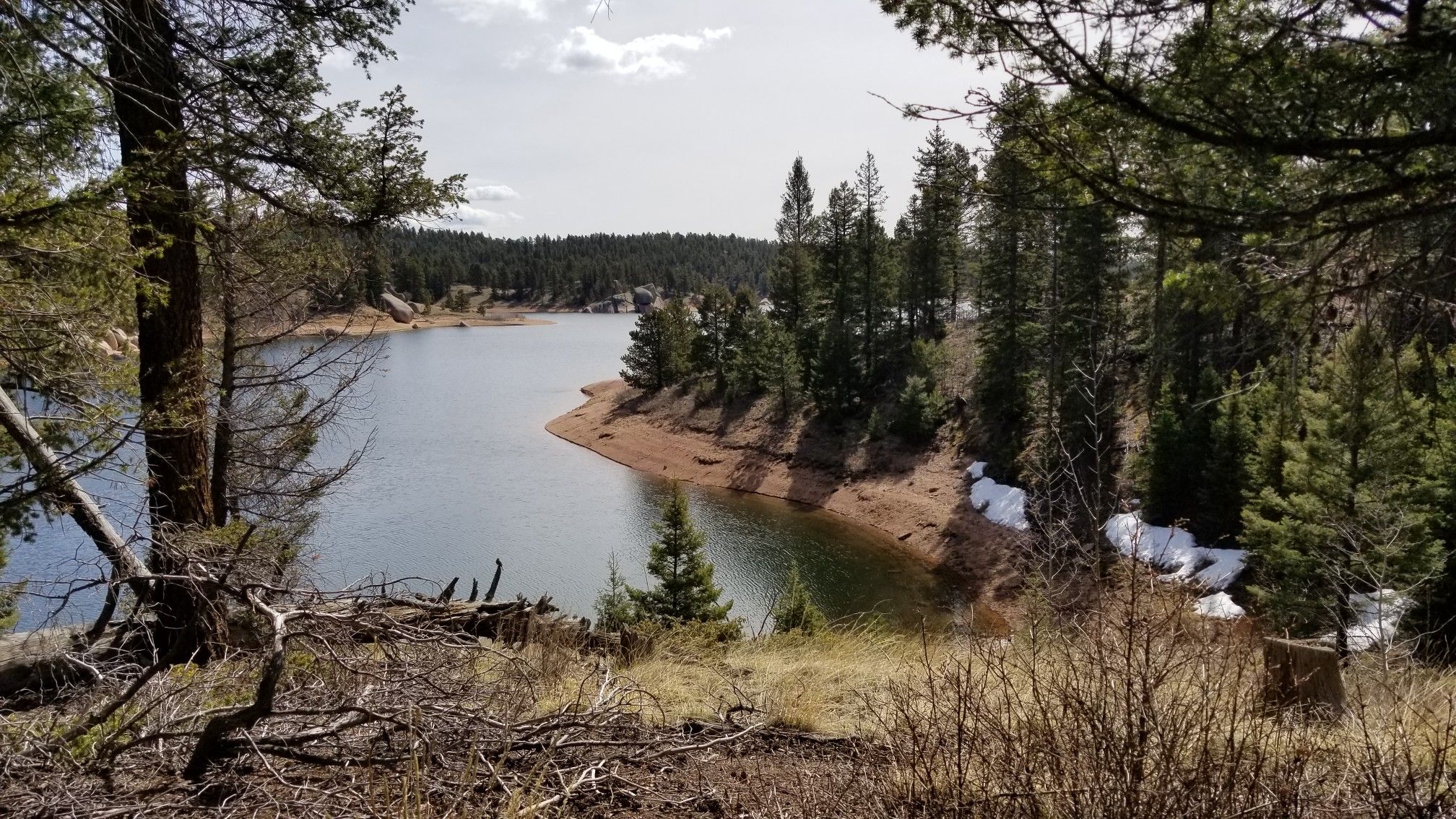 Forested shoreline with calm water, patches of snow, under a bright, cloudy sky. - Rampart Reservoir – Rampart Reservoir loop from Rainbow Gulch Parking