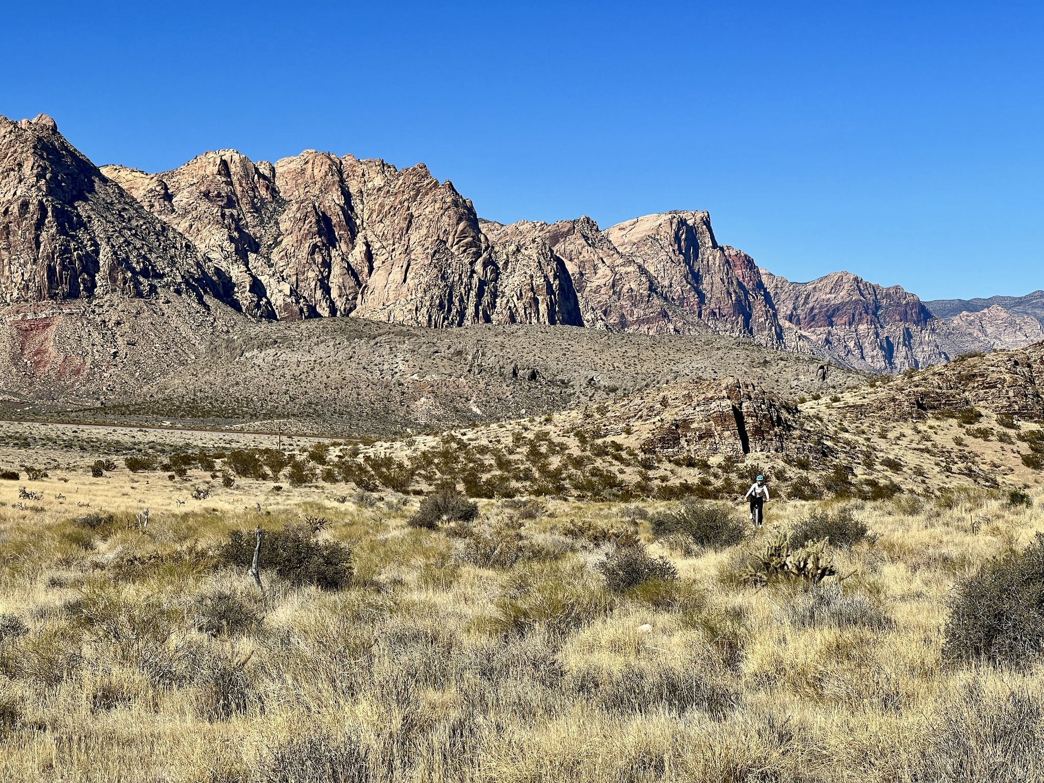 A person hiking on a desert path with large, rugged mountains in the background. - White Rhino loop from Late Night Trailhead Parking