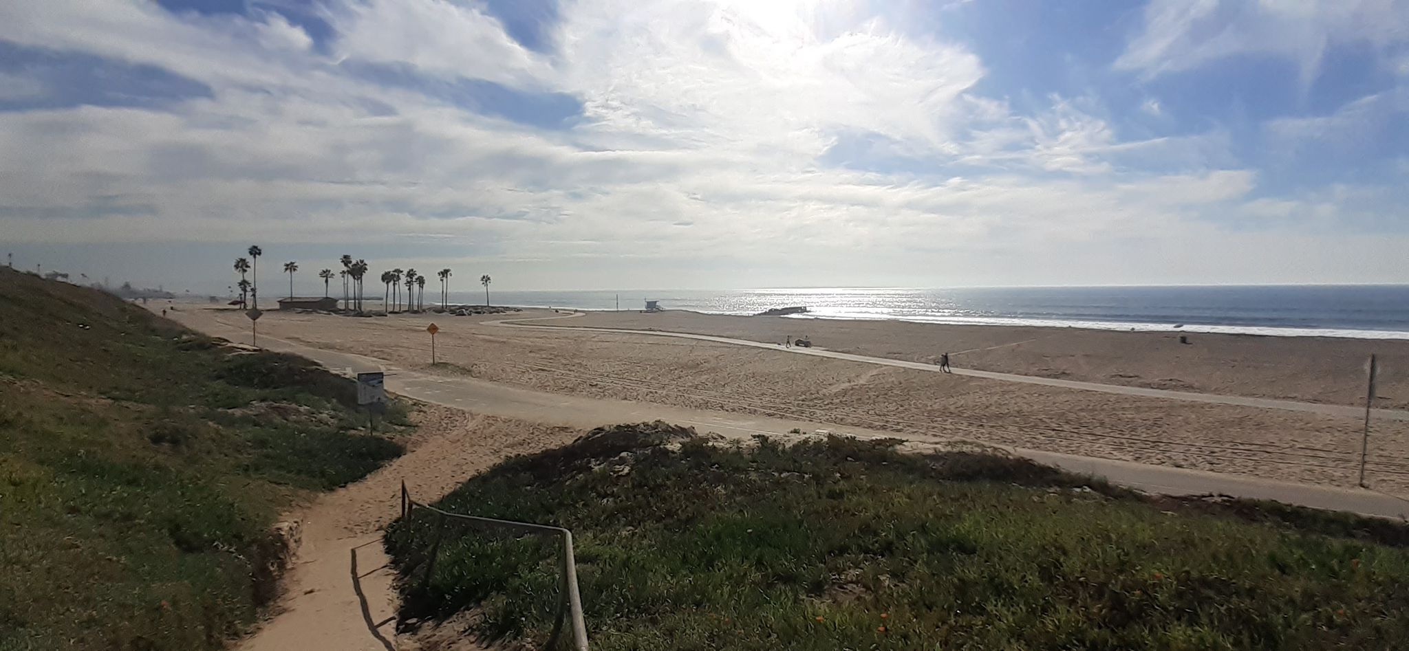 Expansive sandy beach with ocean, palm trees, and a path under cloudy sky. - Ocean view loop from LAX/Metro Transit Center