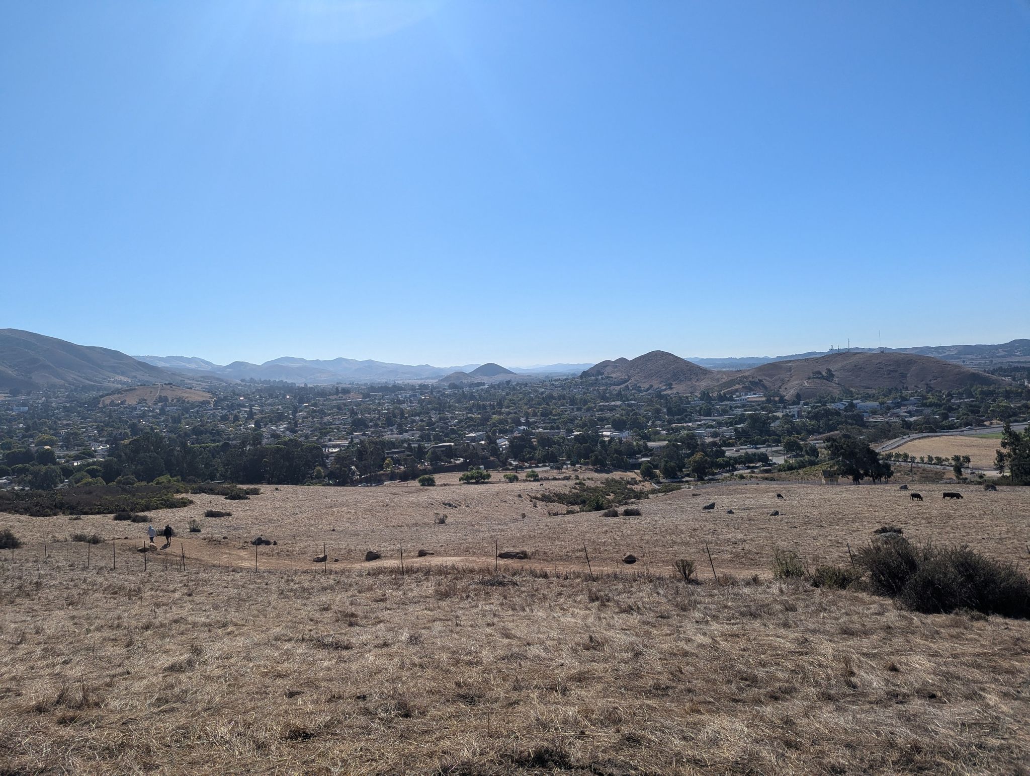 Sunny view of dry golden fields with a town and hills in the distance. - Views of Bishop Peak – Cerro San Luis Summit loop from San Luis Obispo
