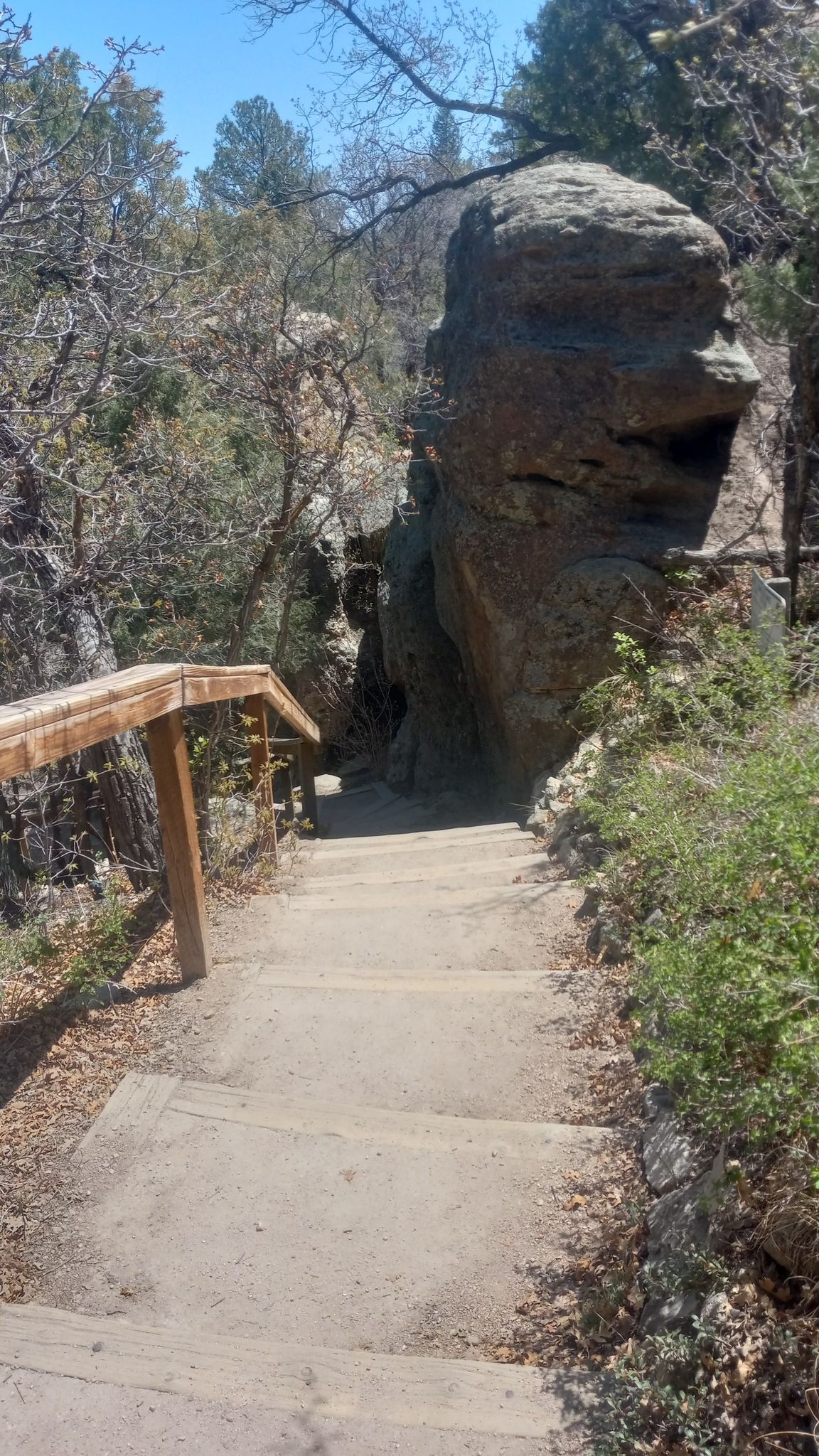 Wooden stairs descending into a narrow, rocky, sunlit gorge. - Inner Canyon and Lake Gulch Trail Loop
