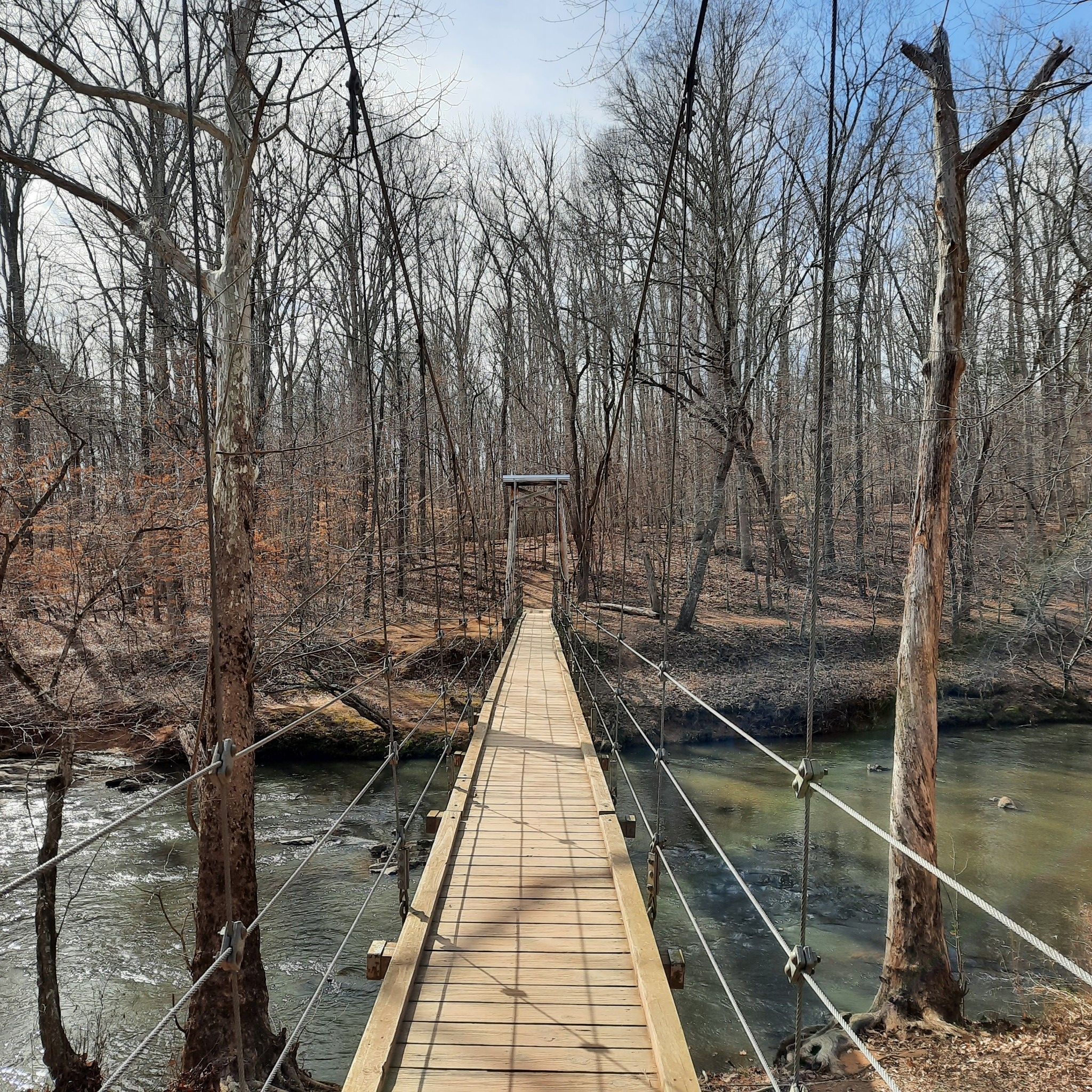 A wooden suspension bridge spans a river, surrounded by bare winter trees. - Cox Mountain Trail