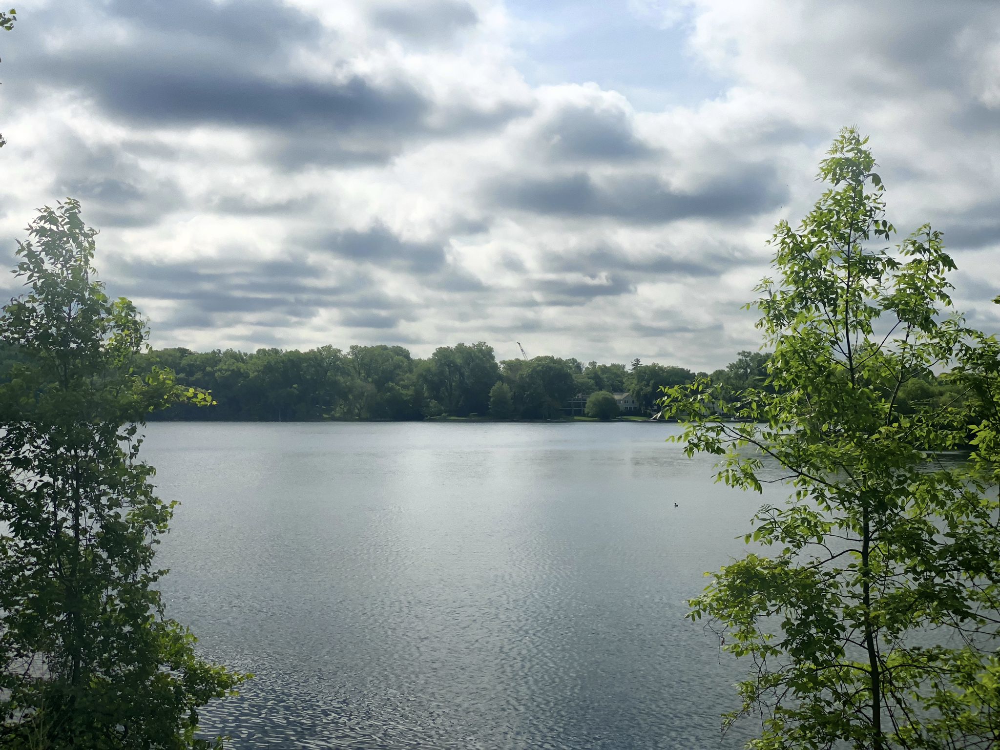 Lake surrounded by green trees under a dramatic cloudy sky. - Midtown Greenway – Cedar Lake loop from Franklin Avenue
