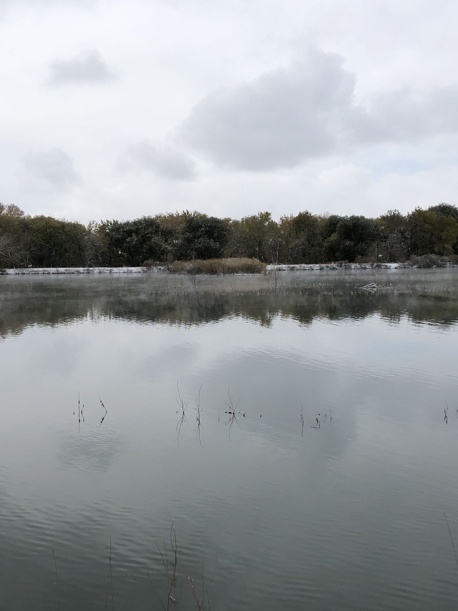 Calm, misty lake reflecting an overcast sky and distant trees. - Golden Ponds Trail