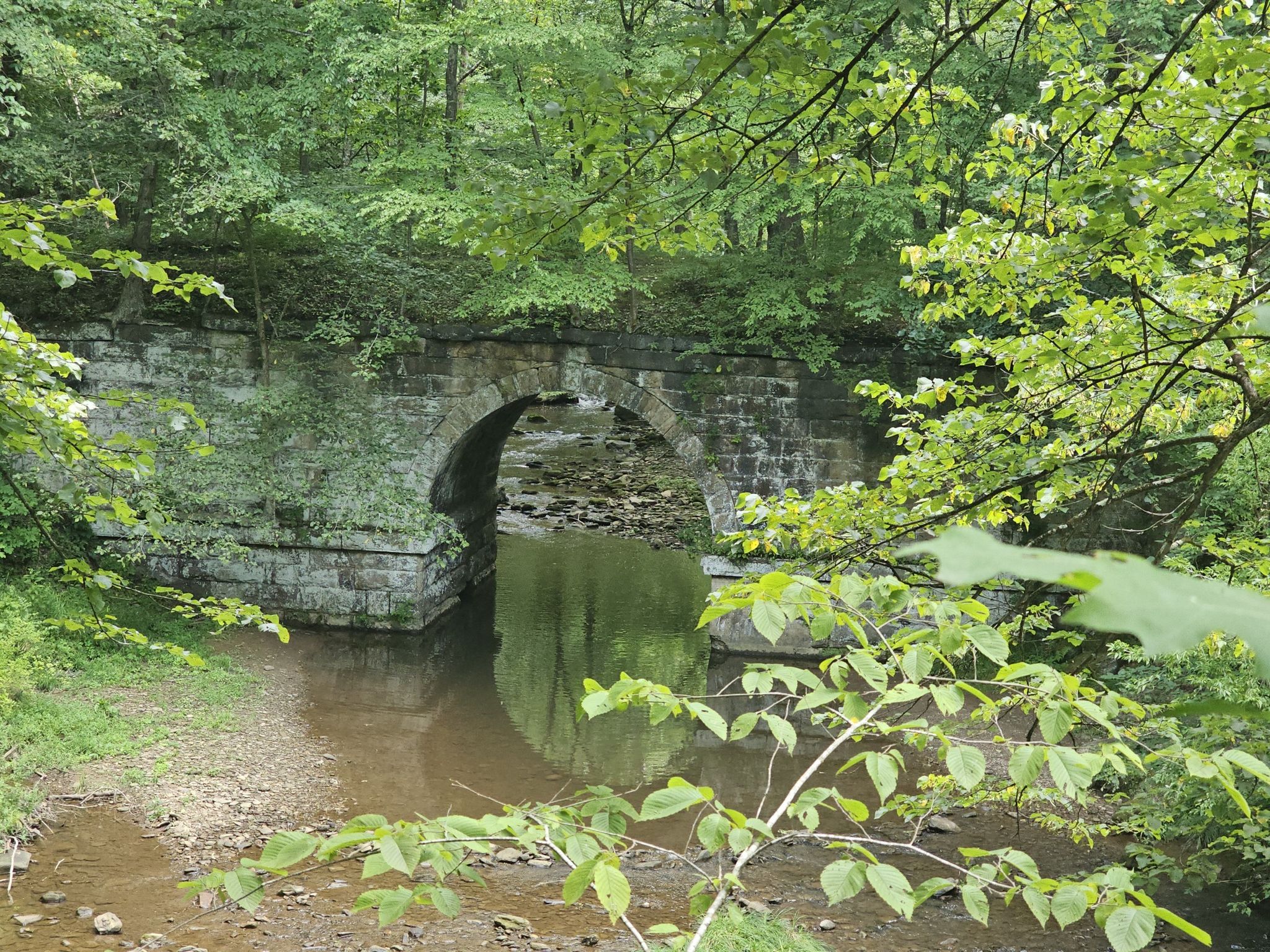 Stone arch bridge over a stream in a lush green forest. - Indian God Rock loop from Emlenton