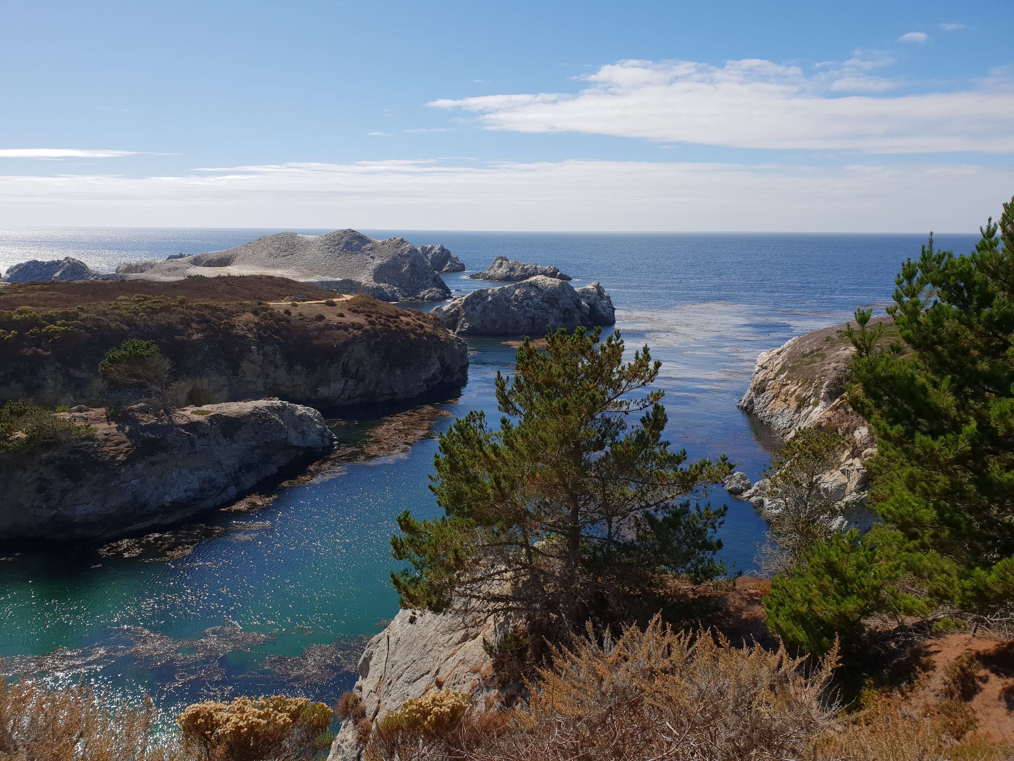 Turquoise water in a rocky inlet with small pine trees, leading to the open ocean. - Gibson Beach – China Cove loop from Mission San Carlos Borromeo de Carmelo