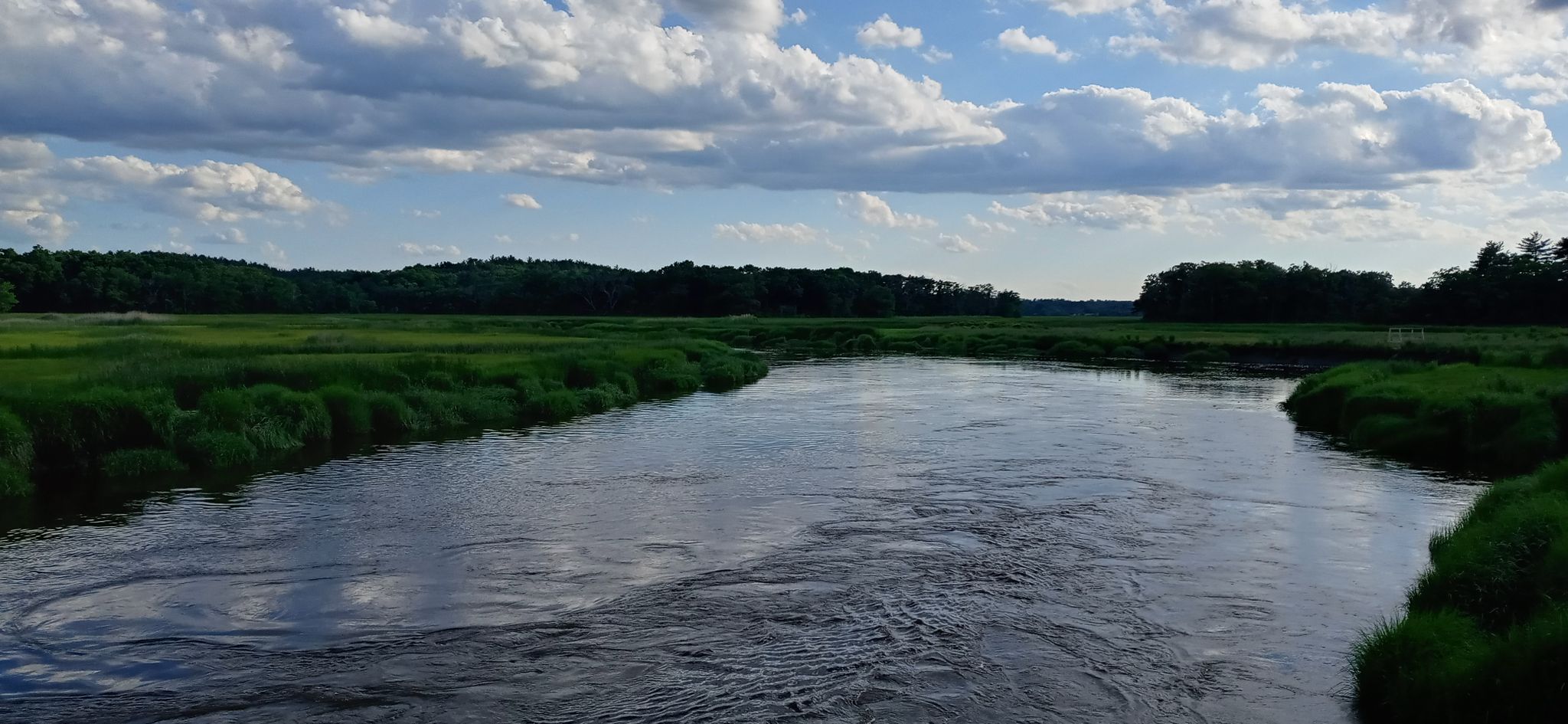 Wide river flowing through green marshland under a partly cloudy blue sky. - John Greenleaf Whittier Bridge – Lake Quannapowitt loop from Reading