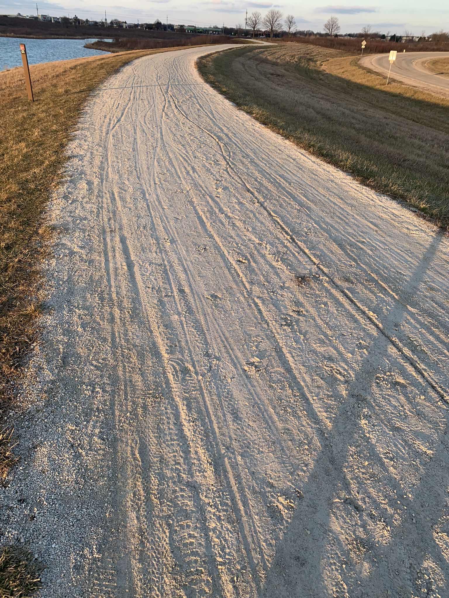 A curving gravel path with tire tracks, bathed in golden hour light. - Danada-Herrick Lake Regional Trail