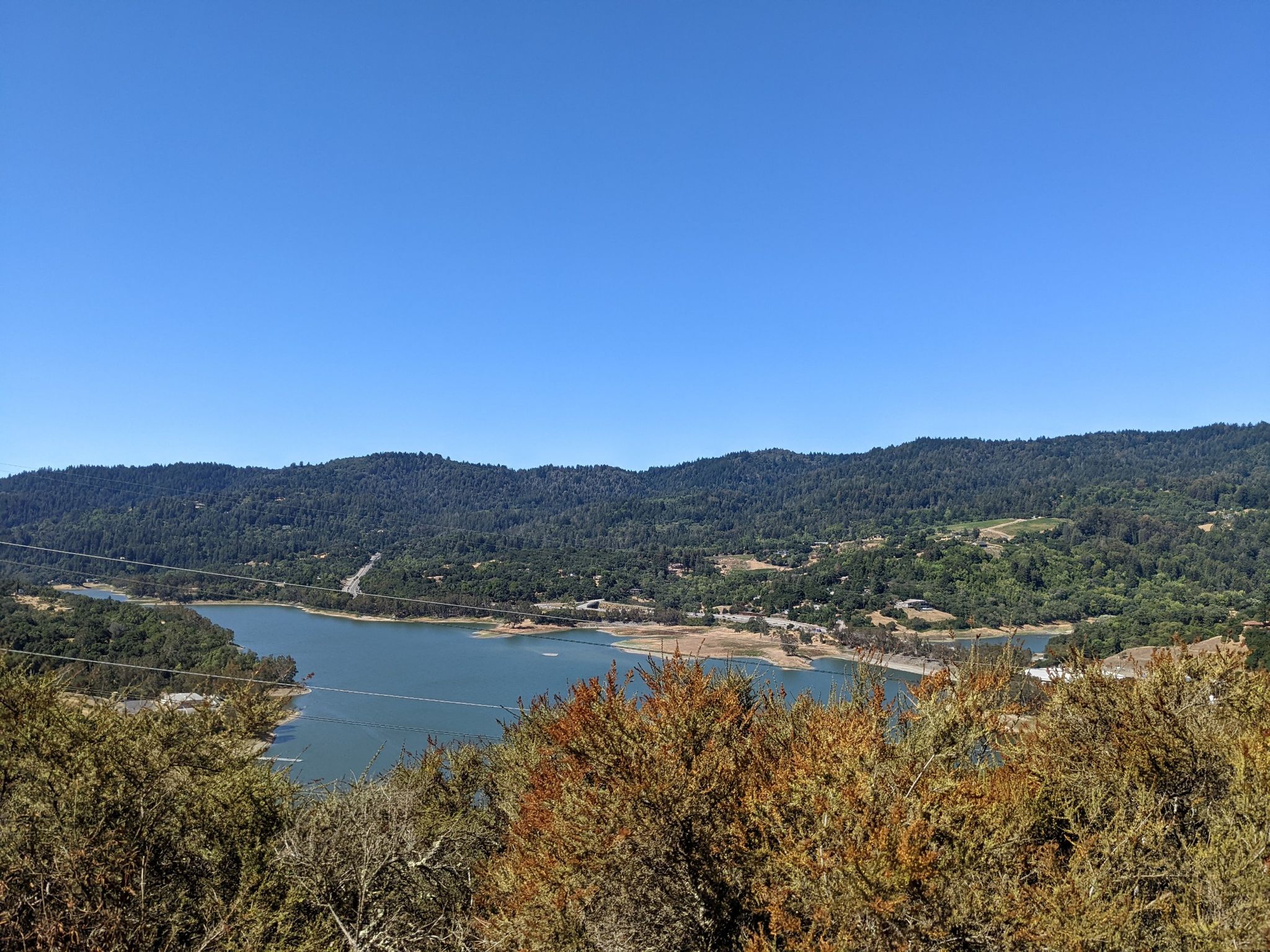 Sunny elevated view of a lake surrounded by forested hills. - Lexington Reservoir Overlook – Saint Josephs Hill summit loop from Los Gatos