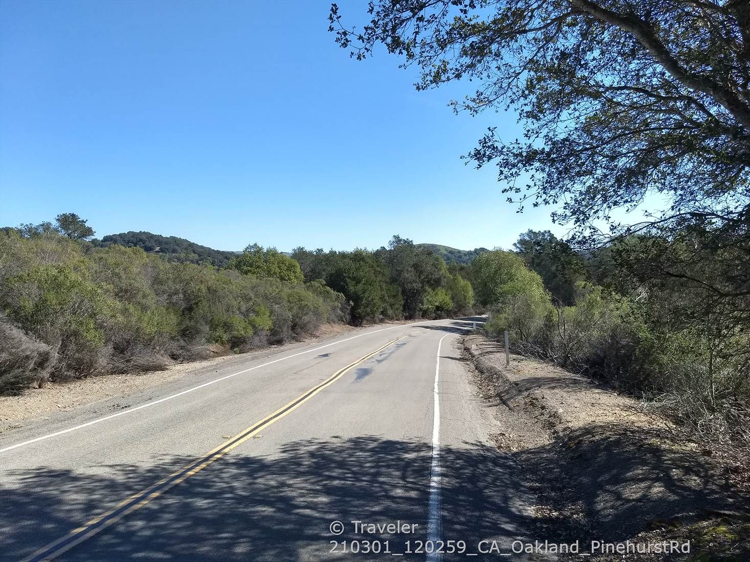 A paved road curves through green hills and trees under a bright blue sky. - Bike loop from Castro Valley