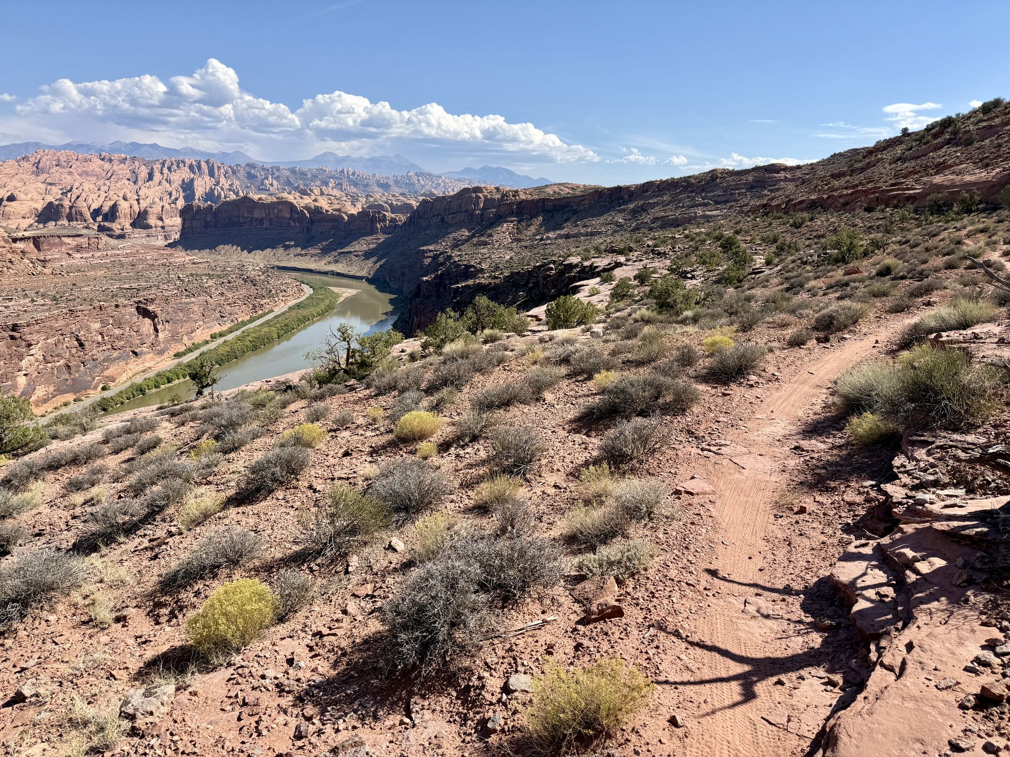Dirt trail winding along a desert hillside overlooking a river. - Amasa Back and Captain Ahab Loop
