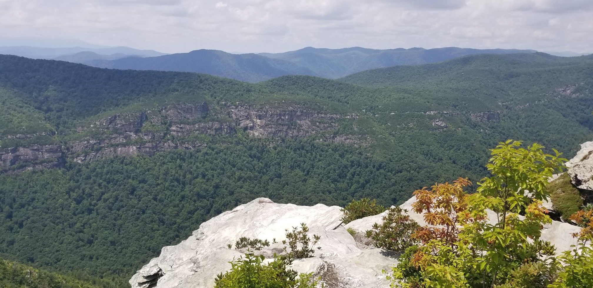 Expansive view of a forested mountain valley with rock cliffs, cloudy sky. - Linville Gorge ITAYG Loop