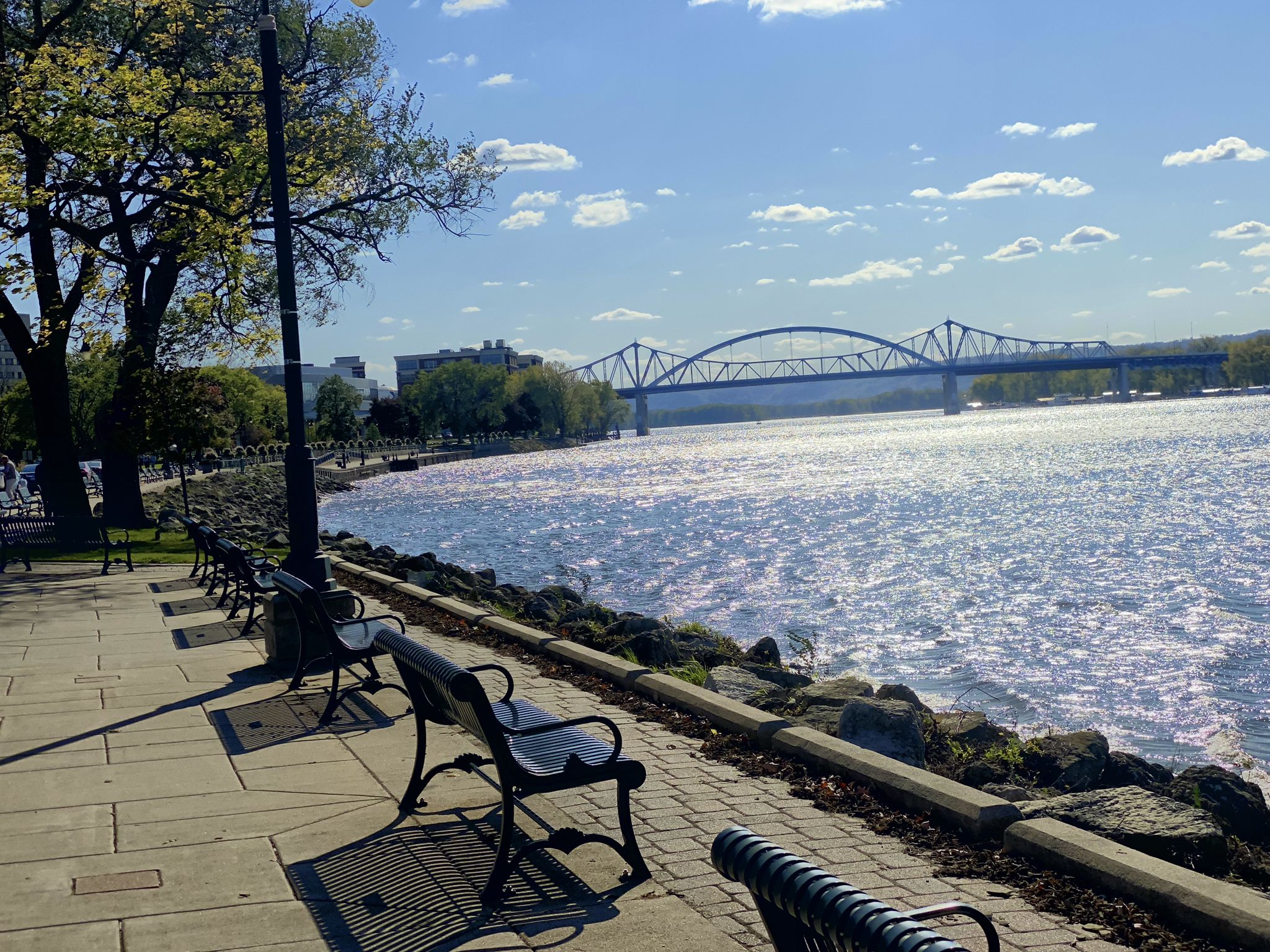 Sunny riverfront path with benches, sparkling water, and a distant bridge. - Mississippi River Trail