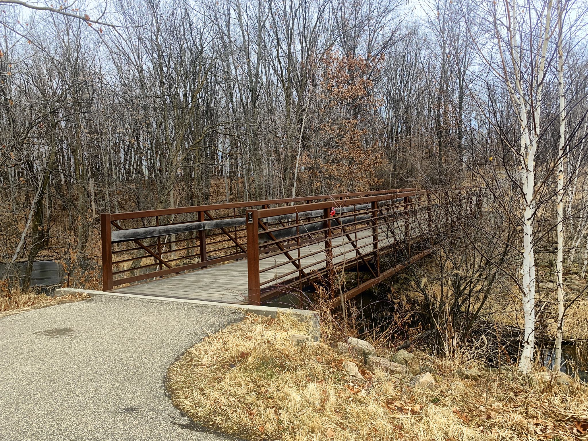 A metal and wood bridge crosses a dry creek in a bare winter forest. - Minnesota River Bluffs Trail – Riley Lake Park loop from Chanhassen