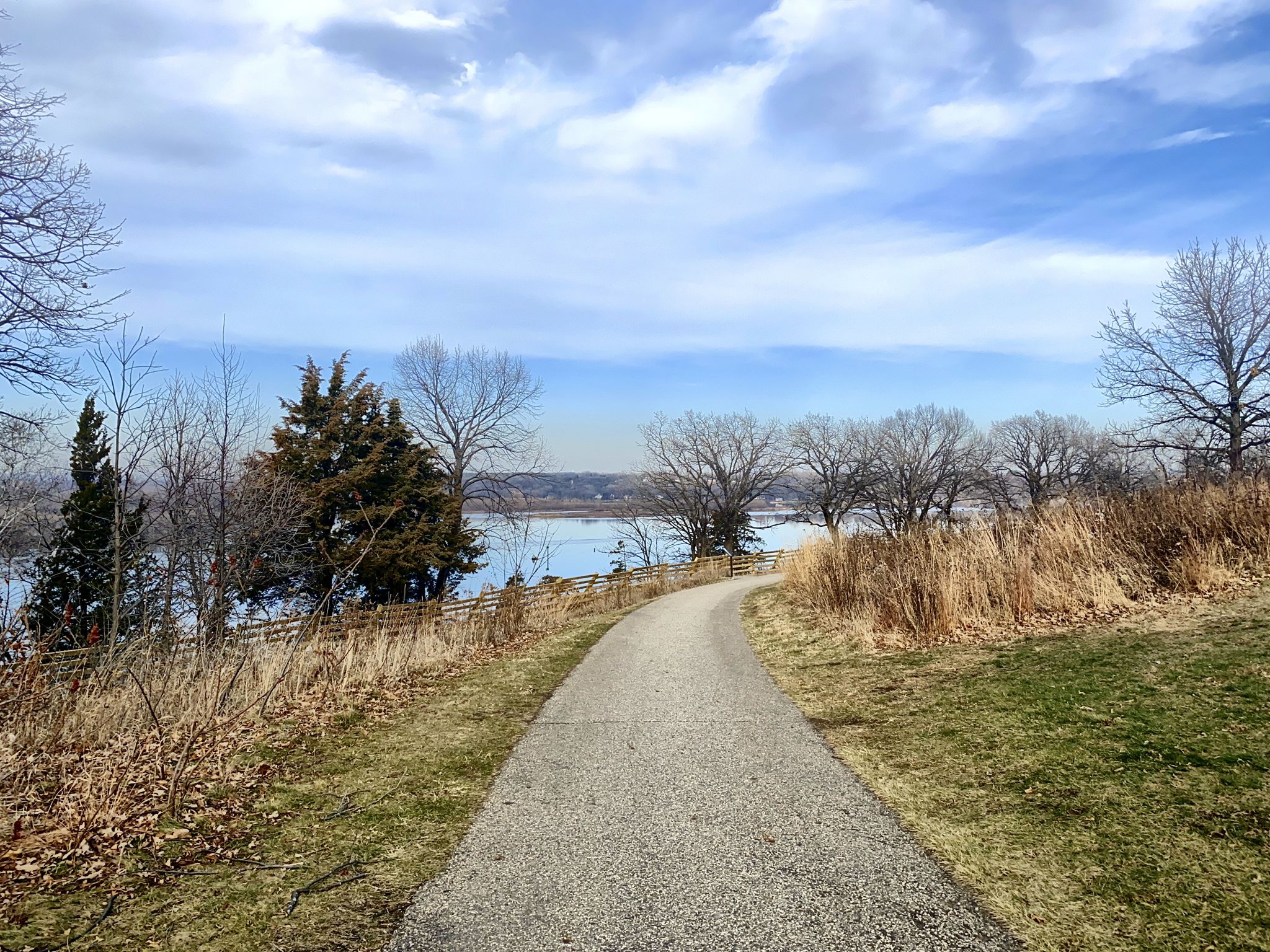 Paved path winding through bare trees towards a wide river under a cloudy sky. - Schaar's Bluff Trail