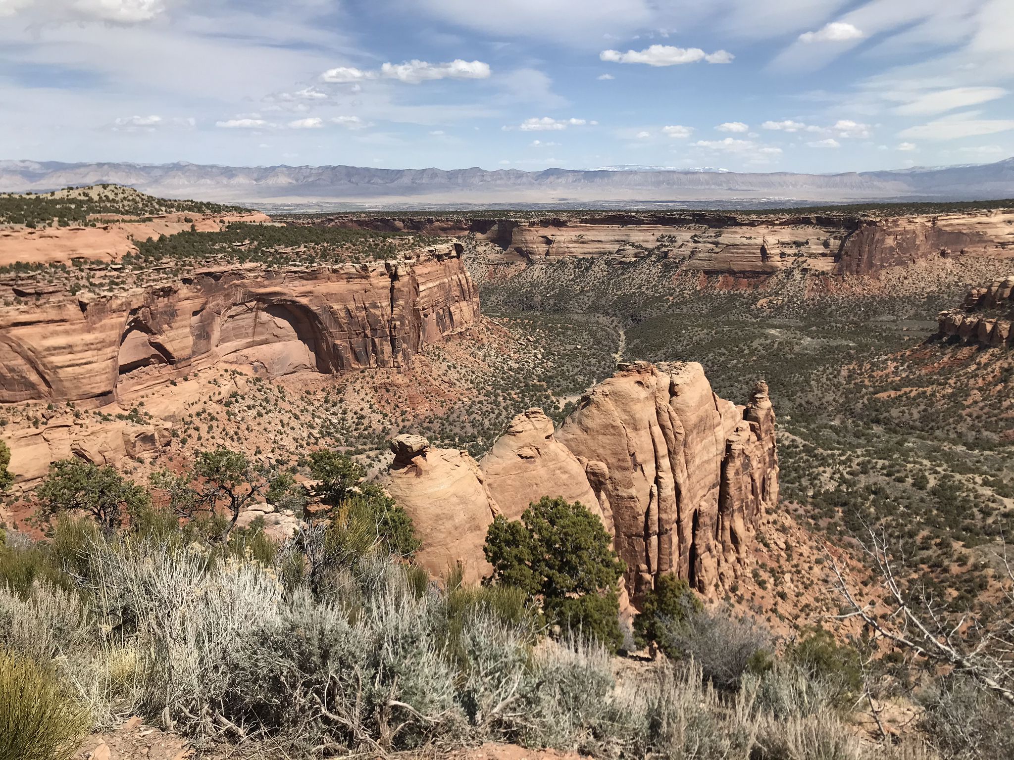 Deep canyon with rugged rock formations and green shrubs under a bright blue sky. - Coke Ovens Overlook – View of Balanced Rock loop from Fruita