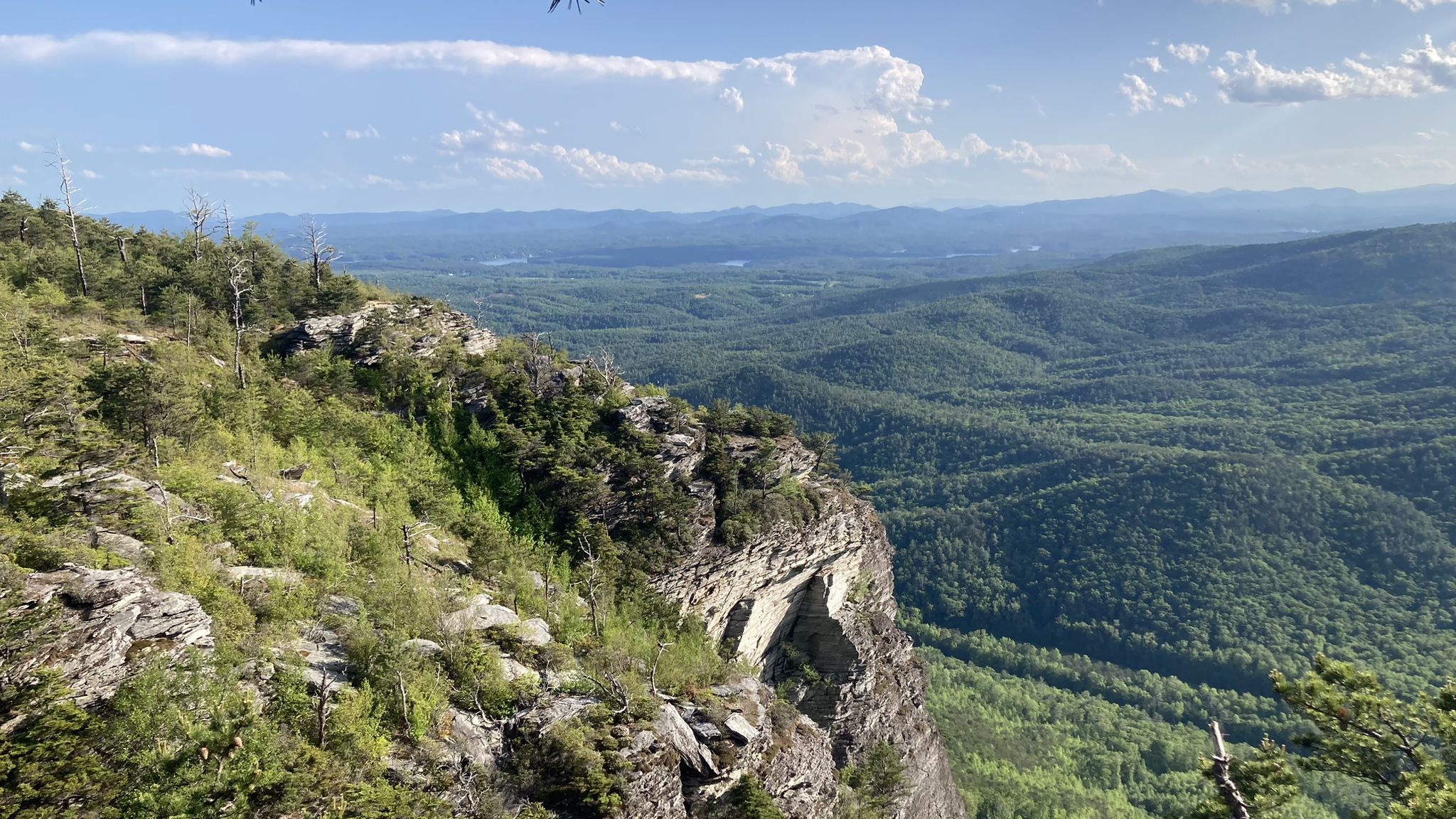 Sunny view from a rocky cliff overlooking a vast green valley. - Shortoff Mountain Trail