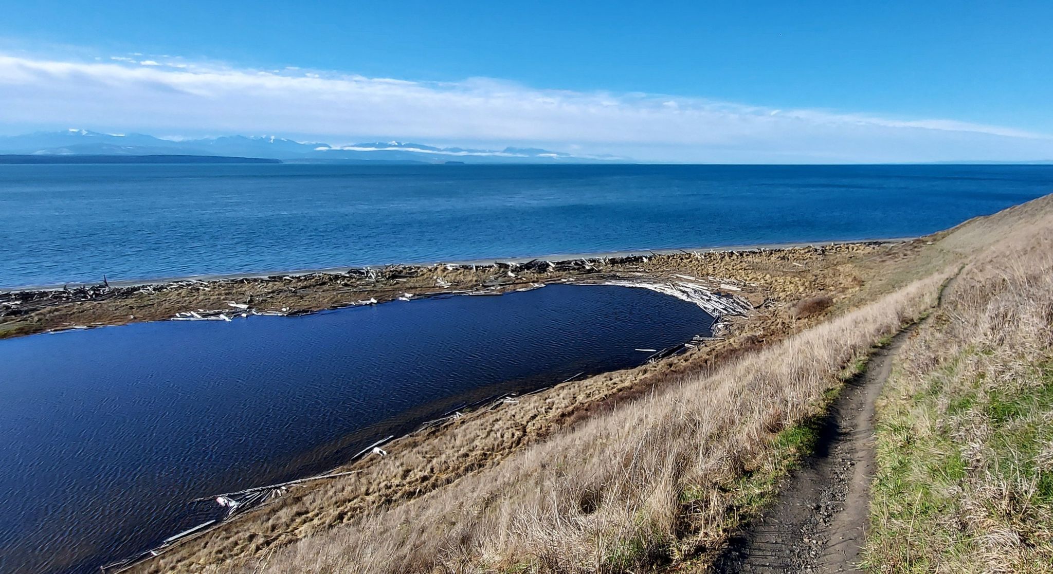 Dirt path alongside a grassy hill, a dark lagoon, and a blue sea. - Ebey's Landing Bluff Loop Trail