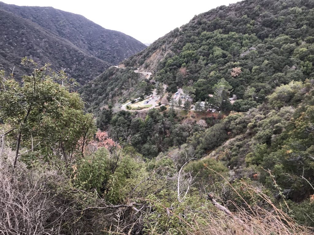 Overcast view of a winding road through a steep, forested mountain valley. - Upper and Lower Winter Creek Trail Loop