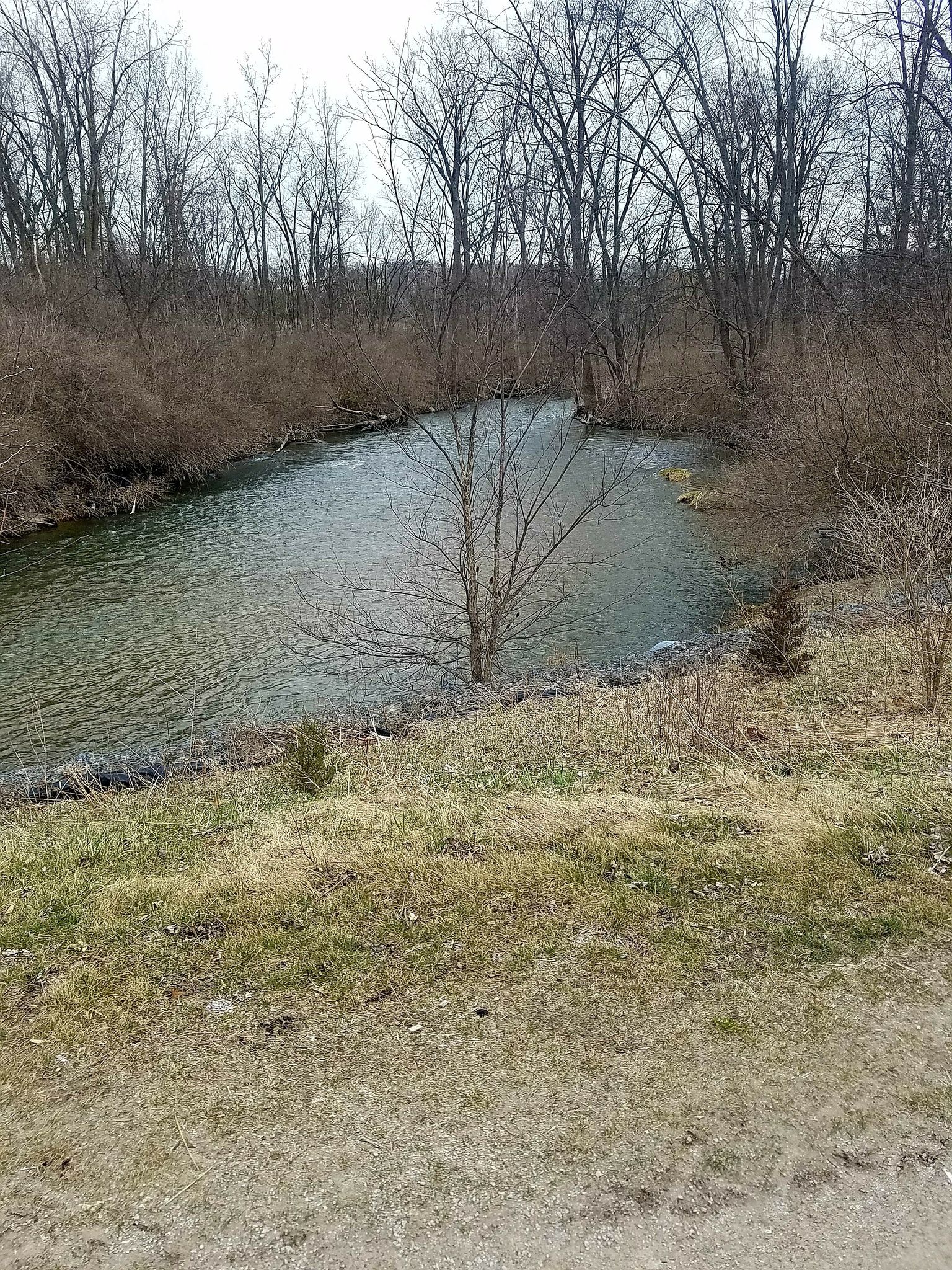 A calm river curves through a bare winter landscape with trees. - Clinton River Trail