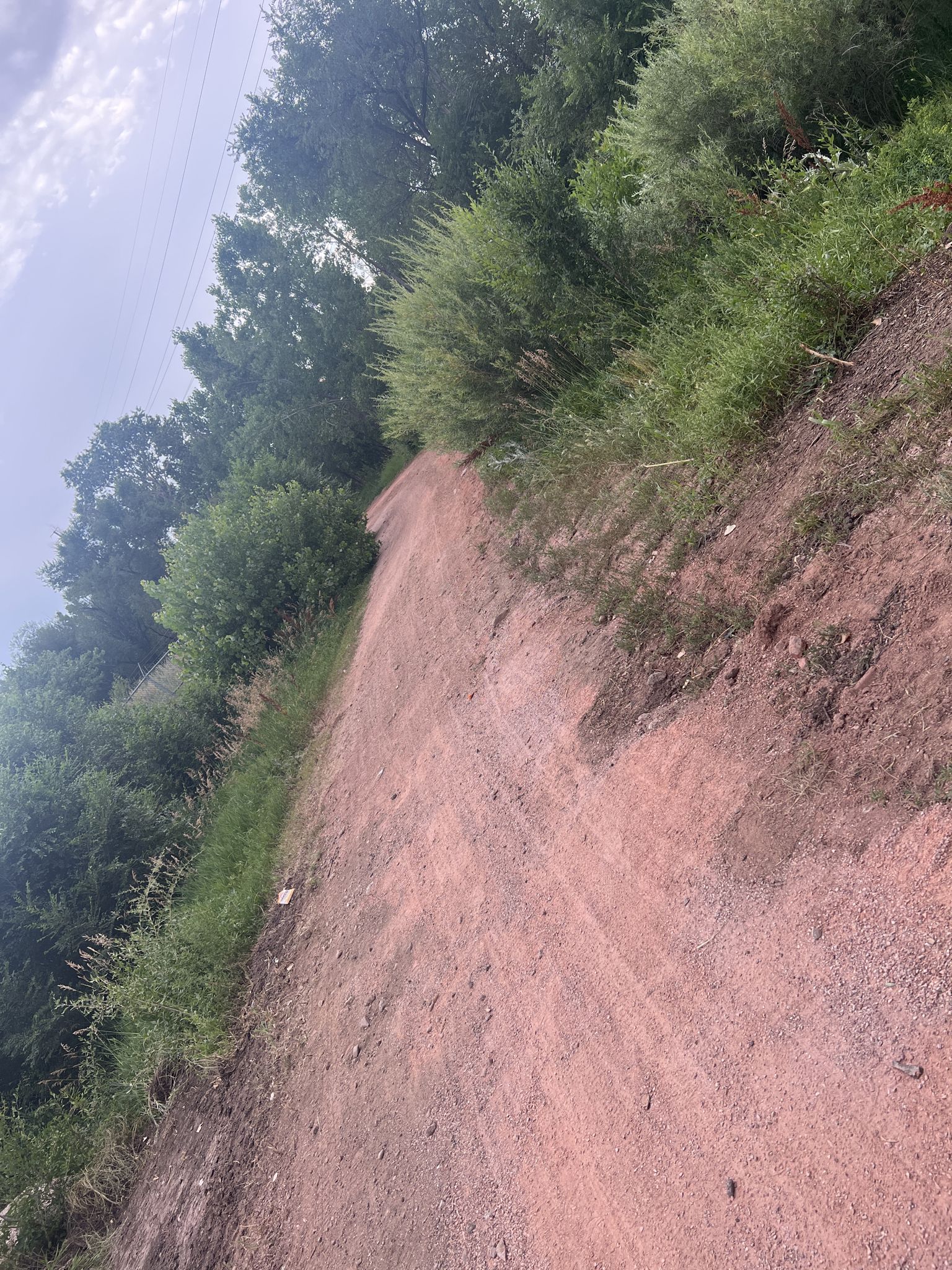 A reddish dirt path winds uphill, bordered by green bushes and trees. - Pikes Peak Greenway Trail
